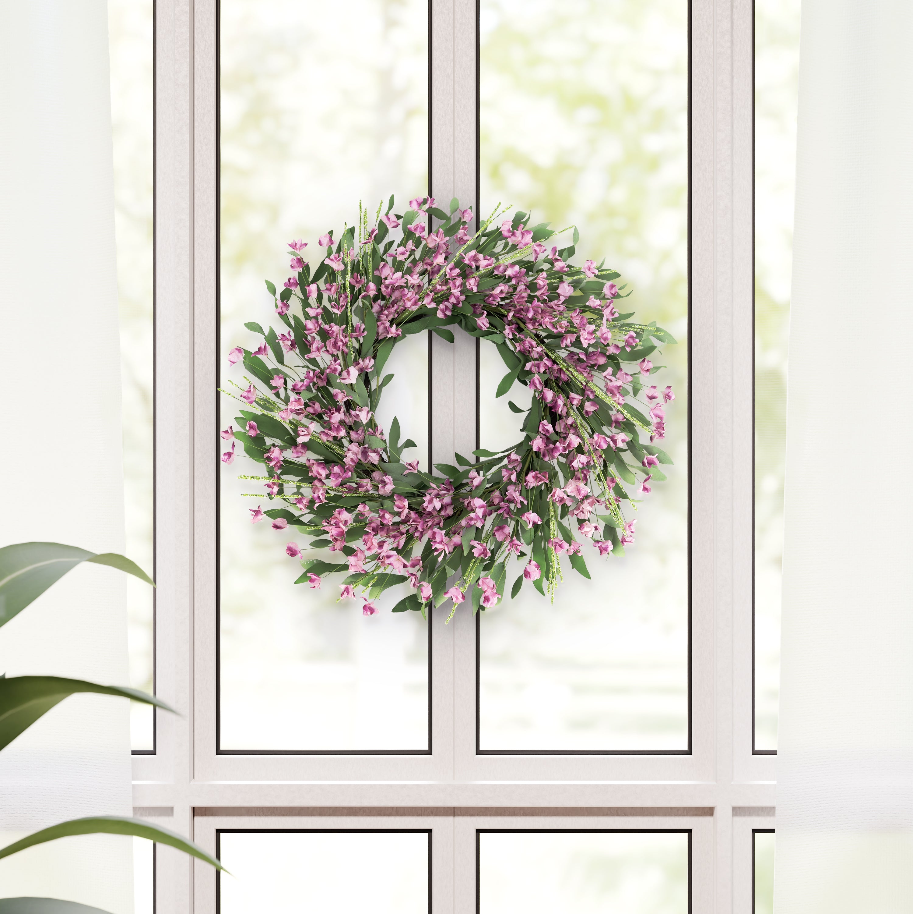 24" Artificial Pea Blossom Floral Pink Spring Wreath