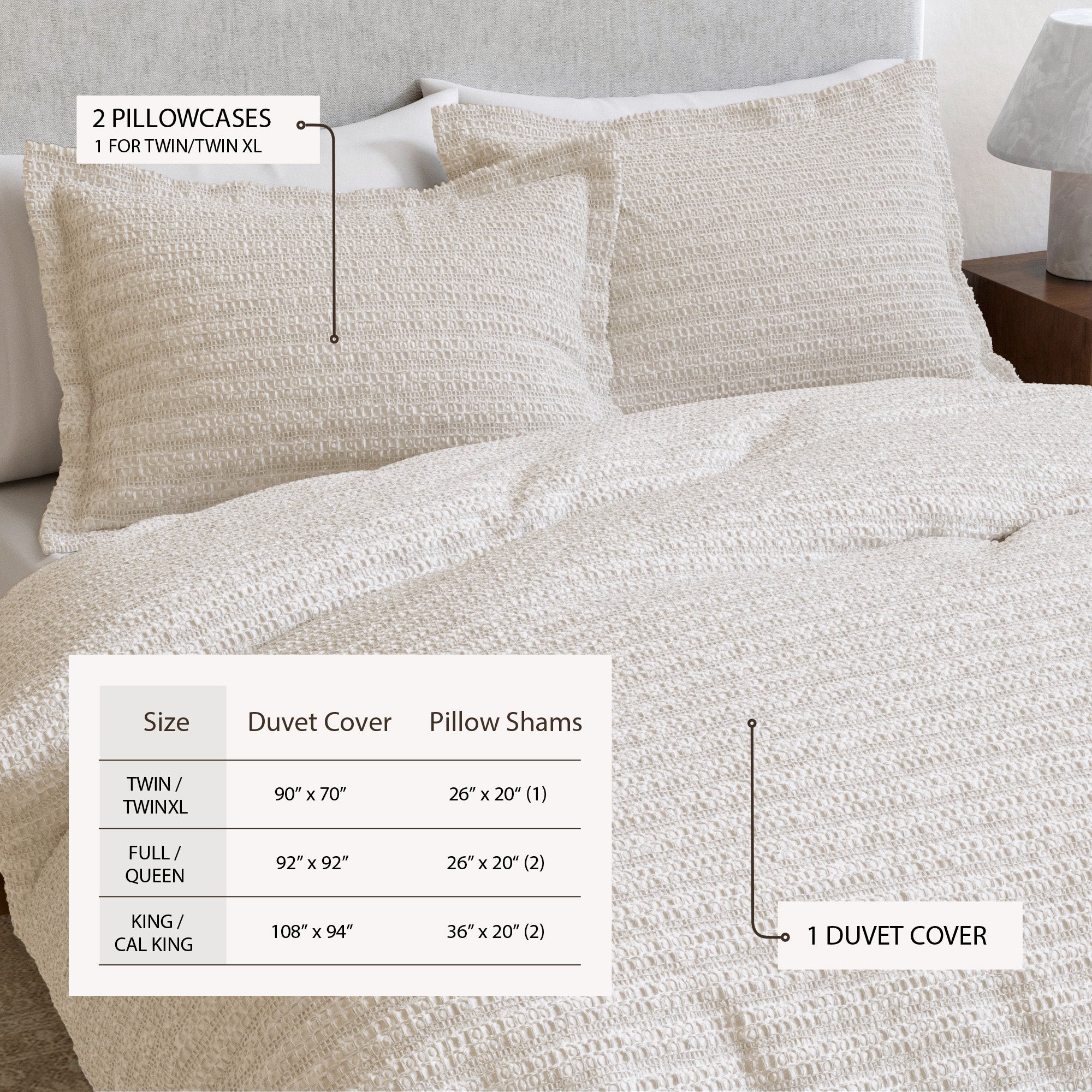 100% Cotton Honeycomb Waffle Textured Duvet Cover with Pillow Shams