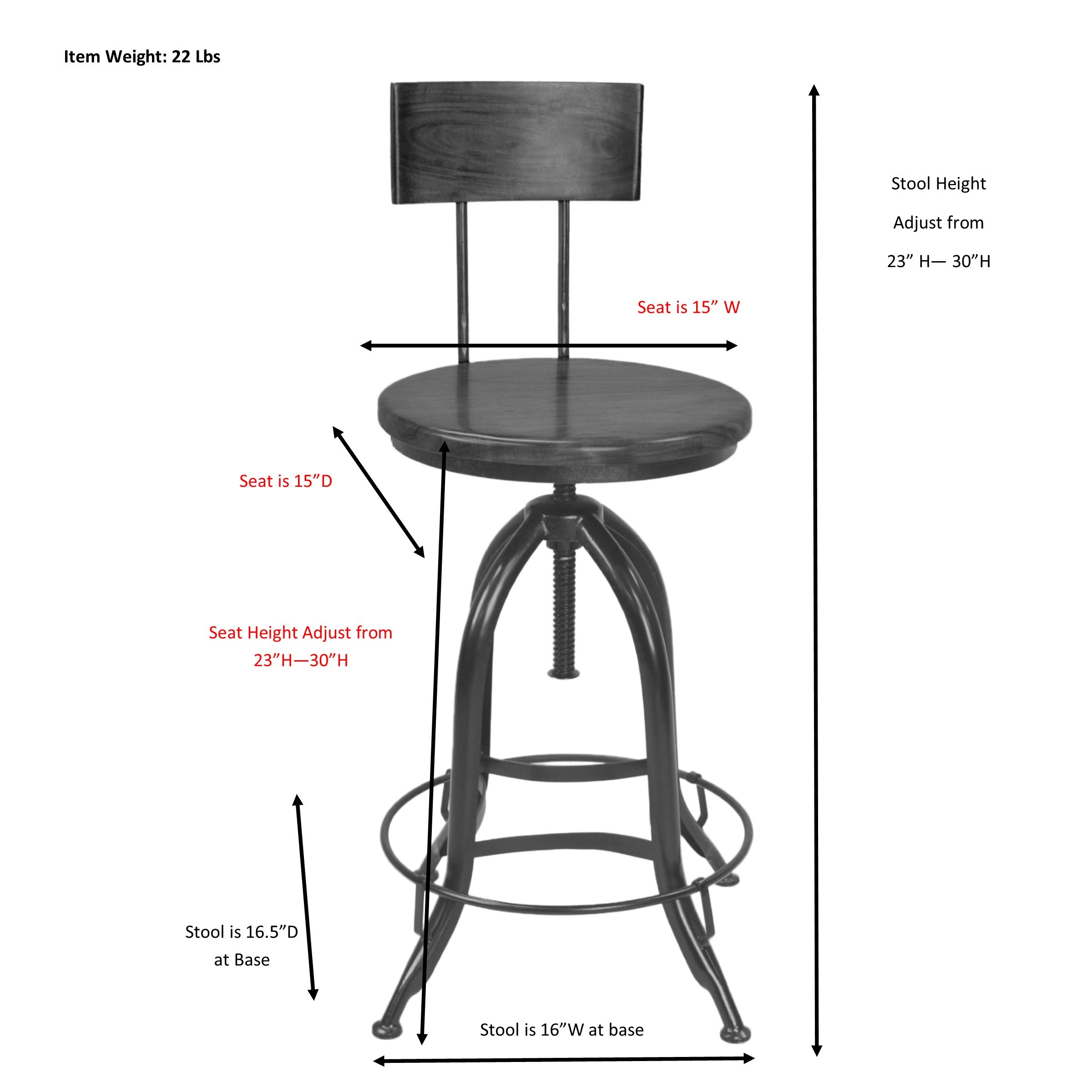 Ryder Adjustable Stool with Back, Chestnut/Black