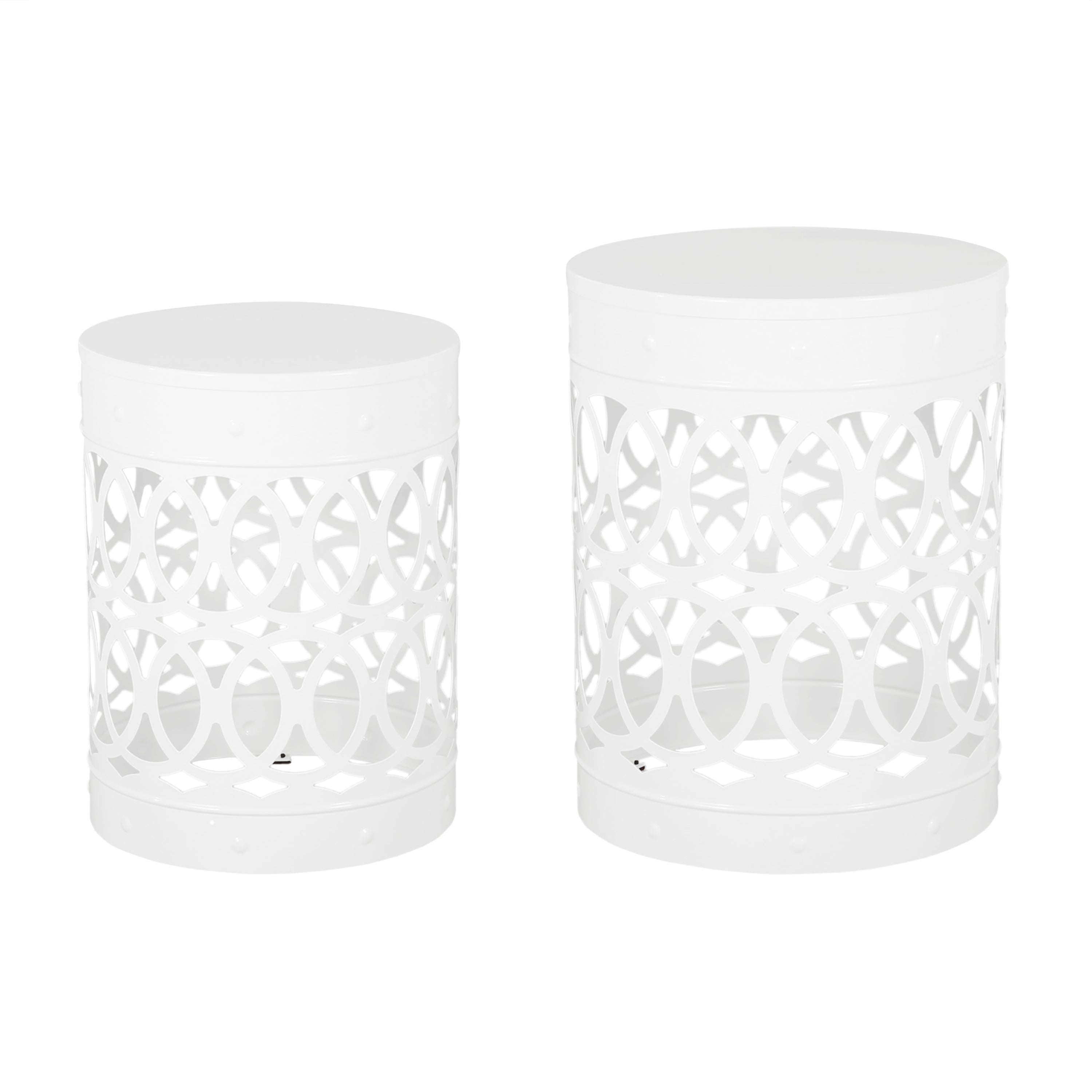Symmetry White Outdoor Cylindrical End Table with Overlapping Circle Pattern
