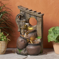 Outdoor 3-tier Weather Resistant Floor Fountain with Light, Water Pump and Stacked Jar Design - Water Feature
