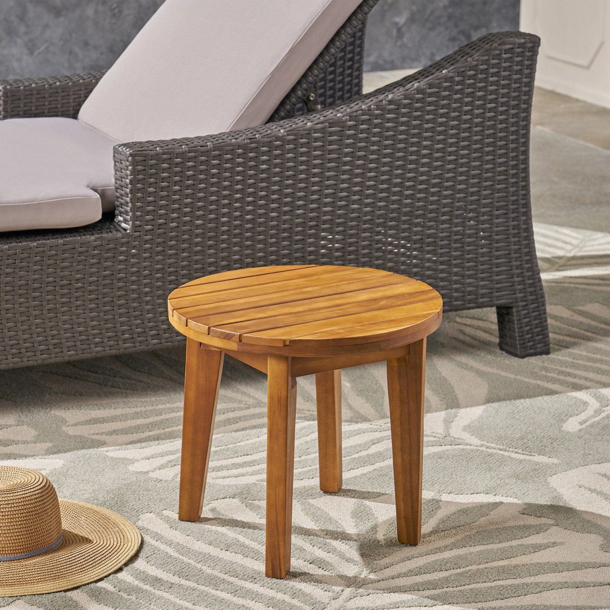 NO INSTALLATION REQUIRED, FOLDABLE AND ADJUSTABLE OUTDOOR ACACIA WOOD SIDE TABLE (TEAK FINISH)