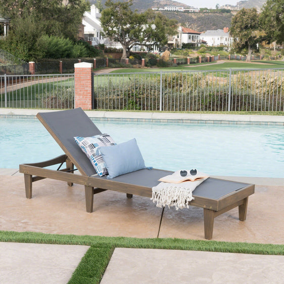Outdoor Chaise Lounge with Mesh Seating and Acacia Wood Frame - Chaise Lounge