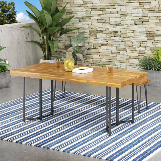 Outdoor Dining Table with Slat Top and Unique Metal Legs - Outdoor Tables