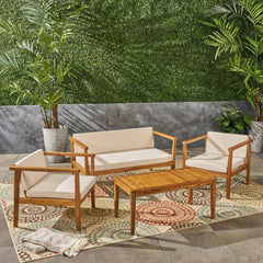 Outdoor Patio Acacia Wood Set with Coffee Table, 2 Club Chairs and Loveseat - Outdoor Seating