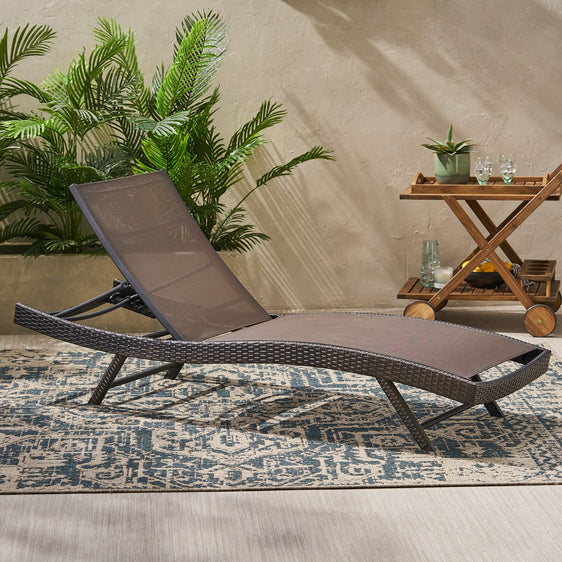 Outdoor Rattan Wicker Chaise Lounge with Adjustable Seat and Mesh Seat - Outdoor Seating