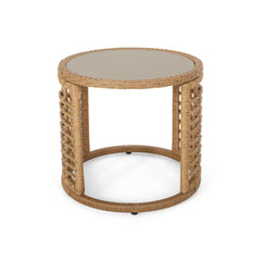 Outdoor Side Table with Tempered Glass Top and Rattan Wicker Cover - Side Tables