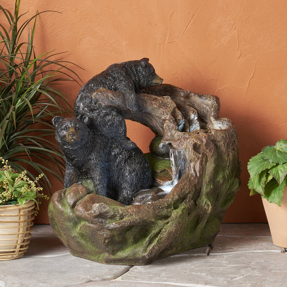 Outdoor-Weather-Resistant-Floor-Fountain-with-Family-of-Bears-and-Two-tiers-Design-Water-Feature