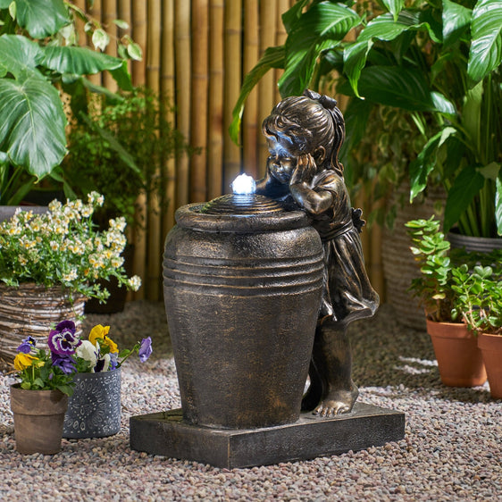 Outdoor-Weather-Resistant-Floor-Fountain-with-Light,-Trickling-Spout-Design-Water-Feature