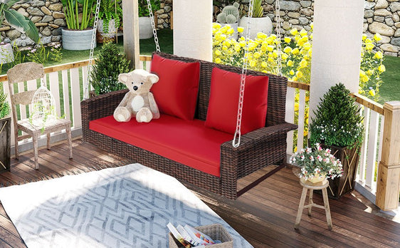Outdoor Wicker Hanging Porch Swing with Chains, Cushion and Pillow - Outdoor Seating