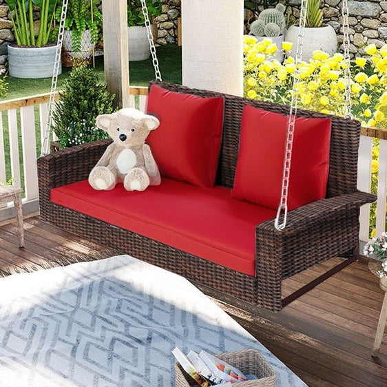 Outdoor-Wicker-Hanging-Porch-Swing-with-Chains,-Cushion-and-Pillow-Outdoor-Seating