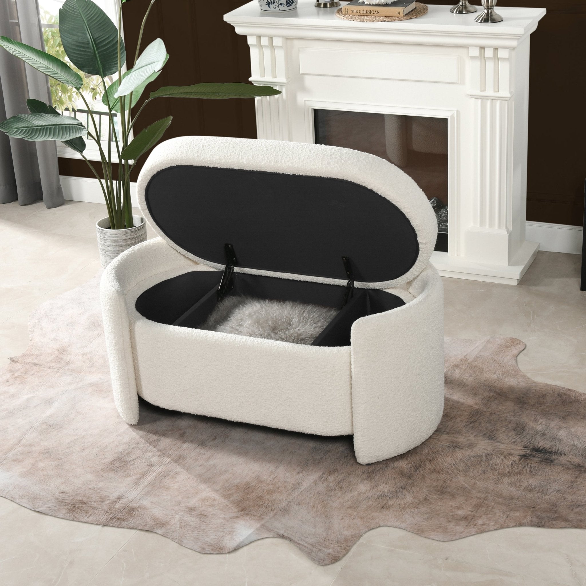 Oval Lid - Up Upholstered Storage Bench with 3 Compartments - Storage Benches & Ottomans