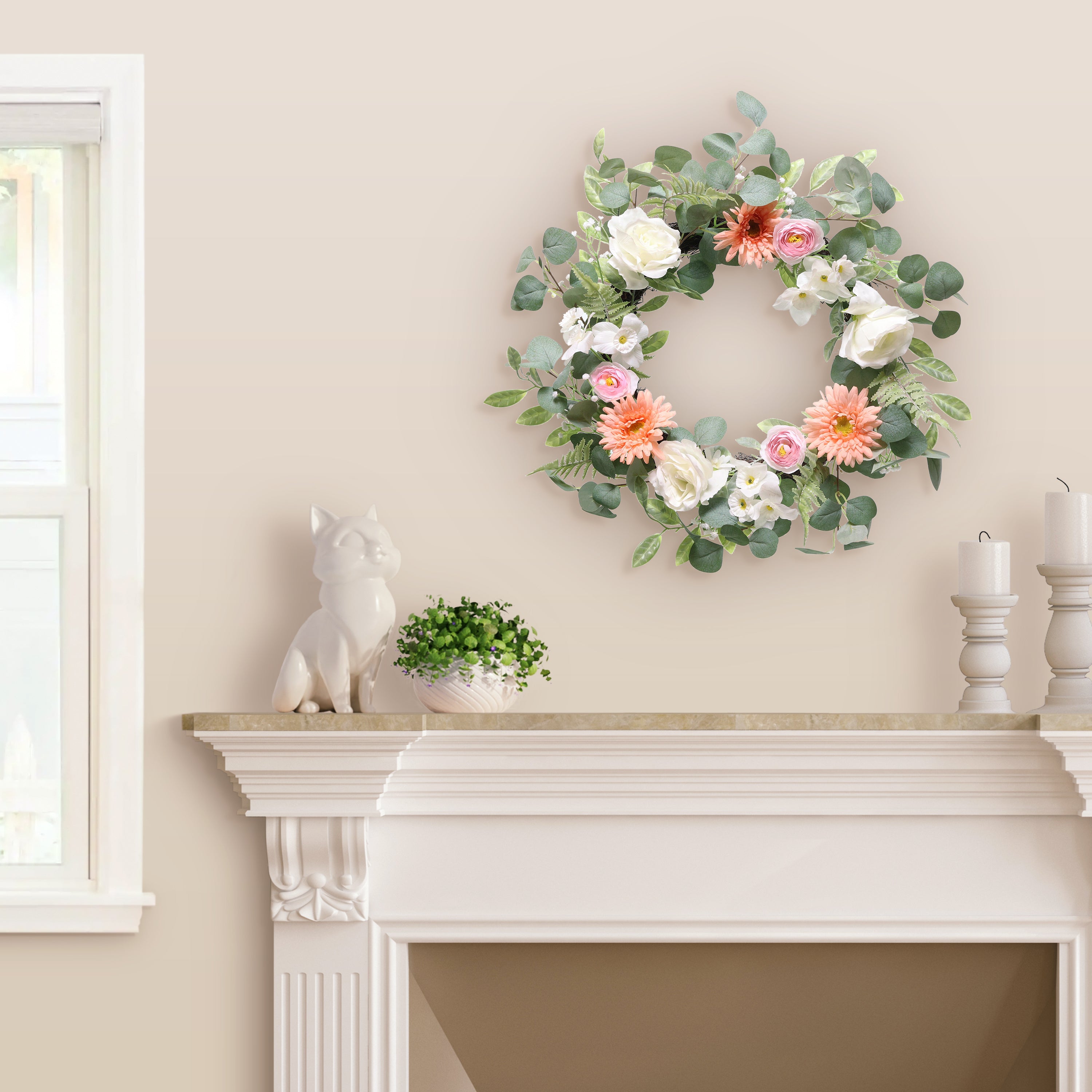 24" Artificial Chrysanthethemum Rose & Ranunculus Floral Spring Wreath