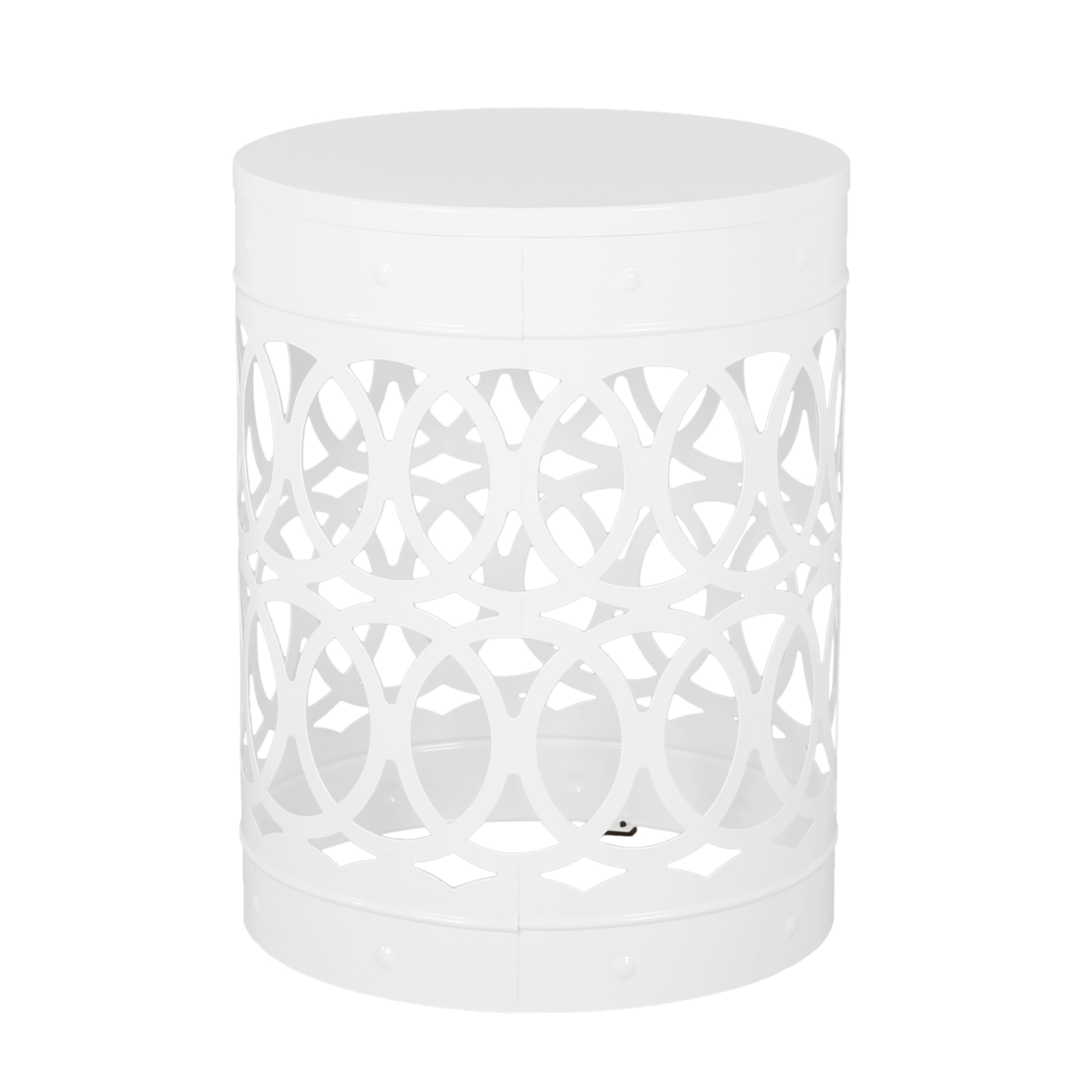 Symmetry White Outdoor Cylindrical End Table with Overlapping Circle Pattern