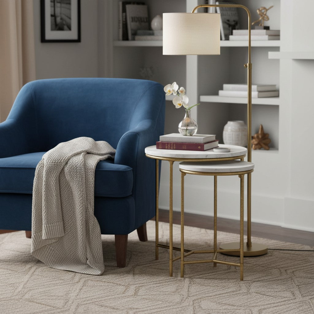 2 Piece Round White Marble Accent Nesting Tables Set