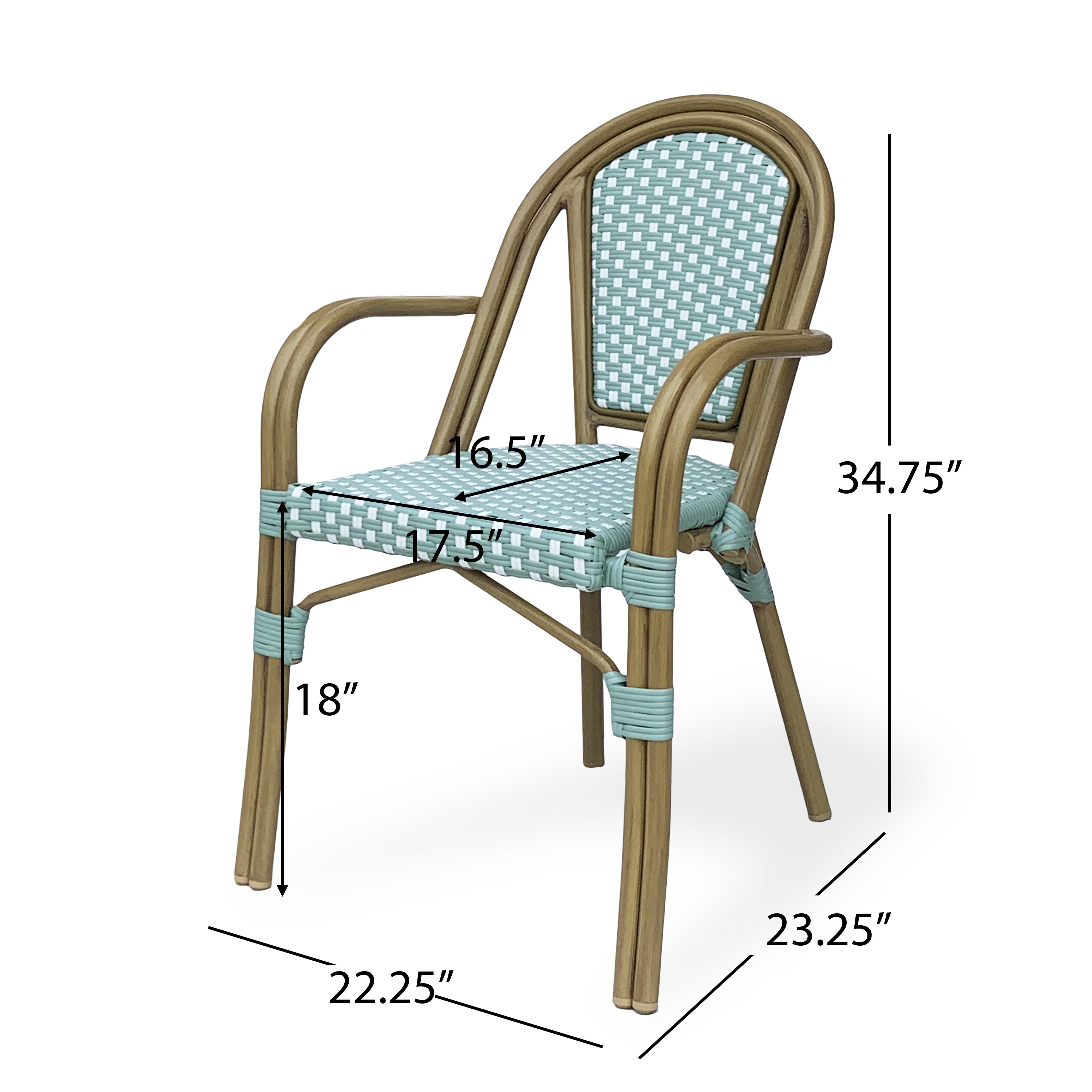 Crowned Wicker Bistro Chair with Checkered Pattern and Curved Arms, Set of 2