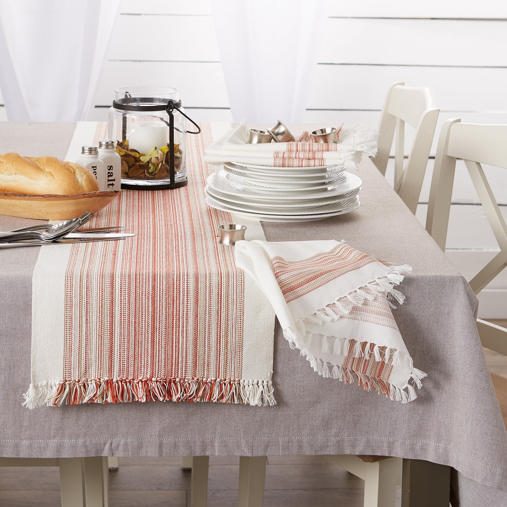 Pimento Striped Fringe Ribbed Table Runner 14X108 - Table Runners