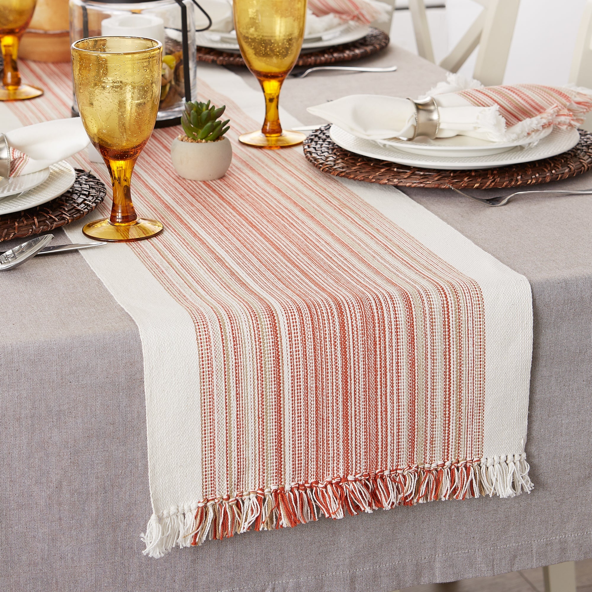 Pimento Striped Fringe Ribbed Table Runner 14X108 - Table Runners