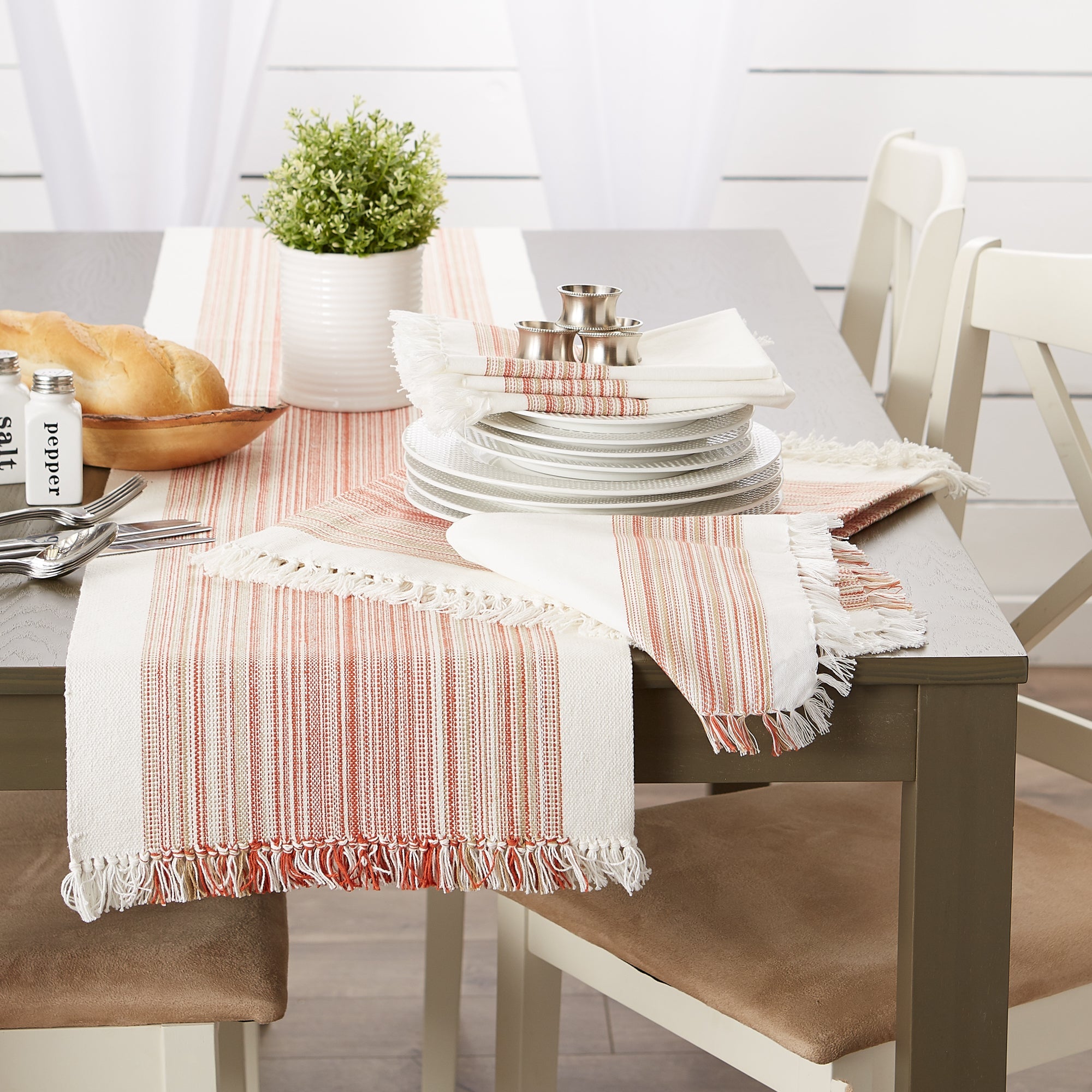 Pimento Striped Fringe Ribbed Table Runner 14X72 - Table Runners