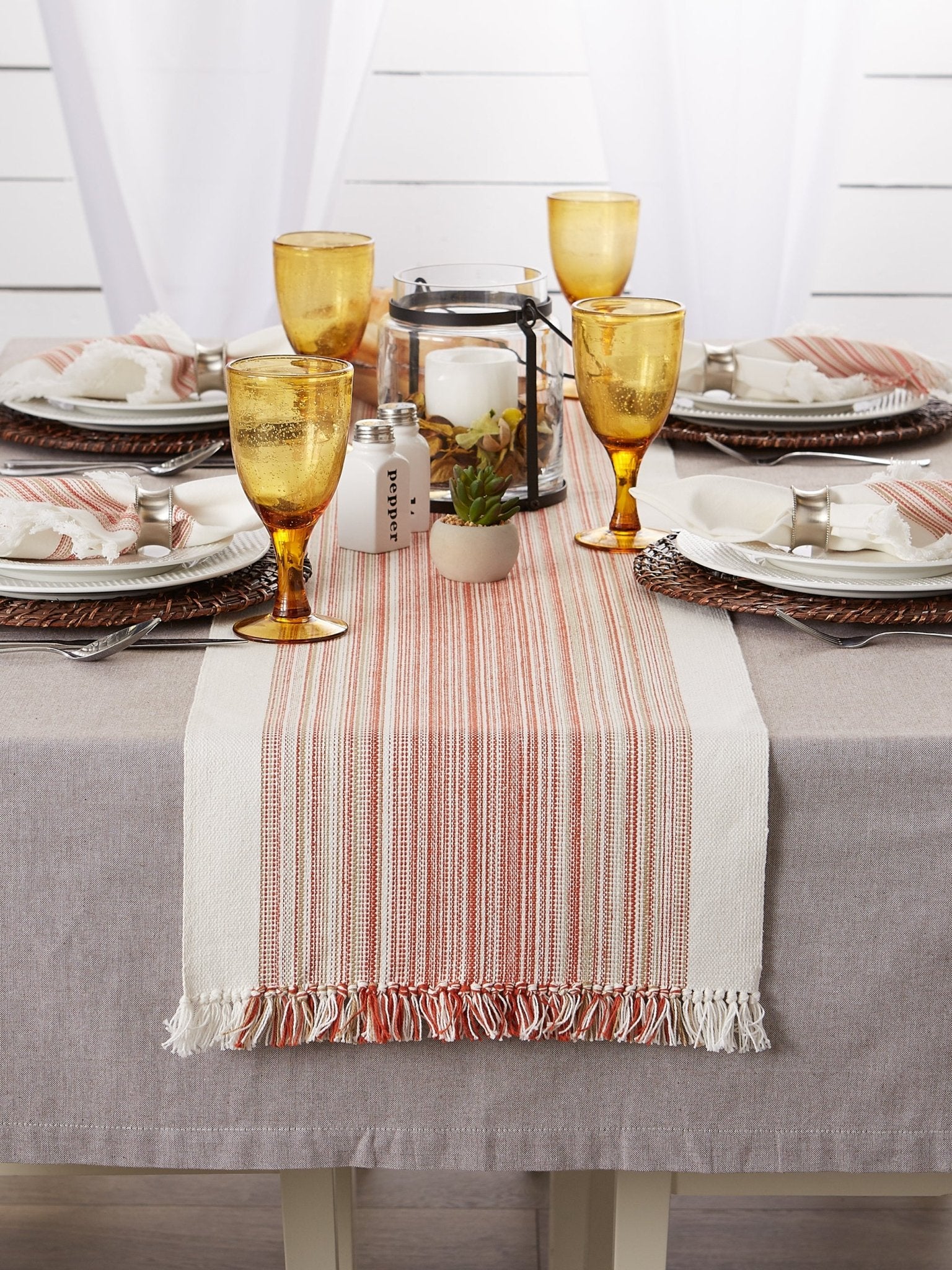 Pimento Striped Fringe Ribbed Table Runner 14X72 - Table Runners
