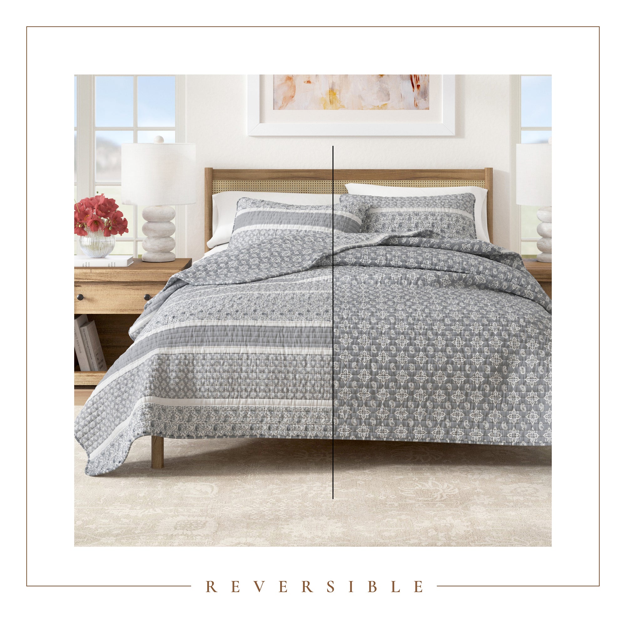 Paisley Patchwork Stripe Reversible Quilt Set with Shams