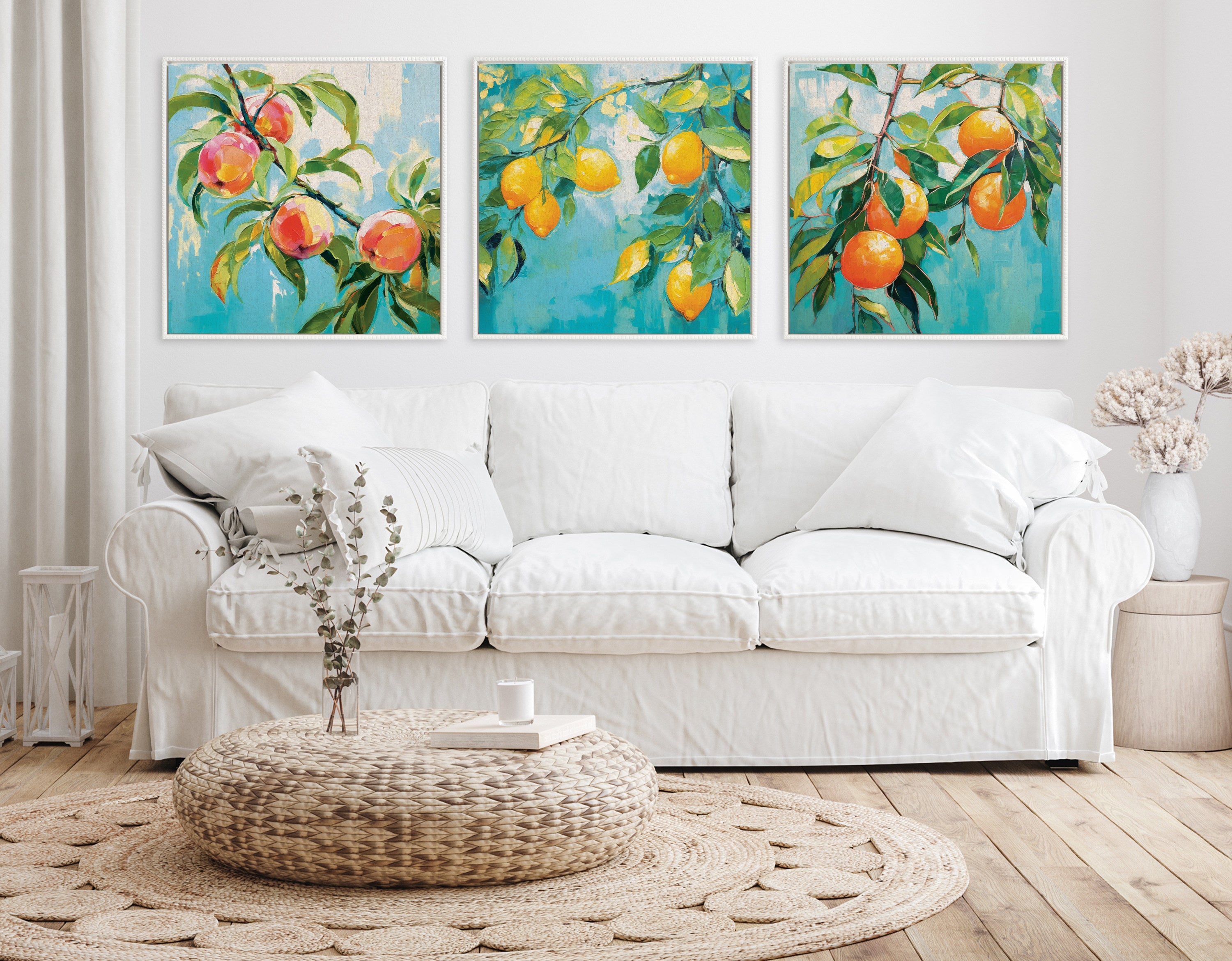 Sylvie Beaded Peach Tree Framed Canvas by The Creative Bunch Studio