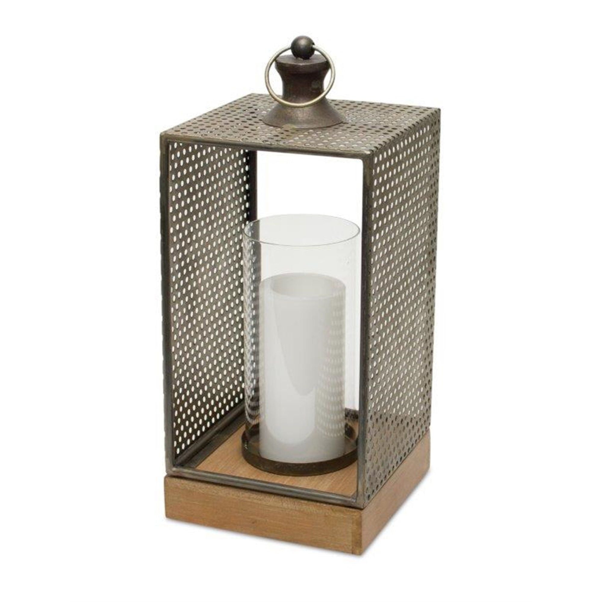 Punched Metal 17.25" Candle Holder with Wooden Base - Hurricanes