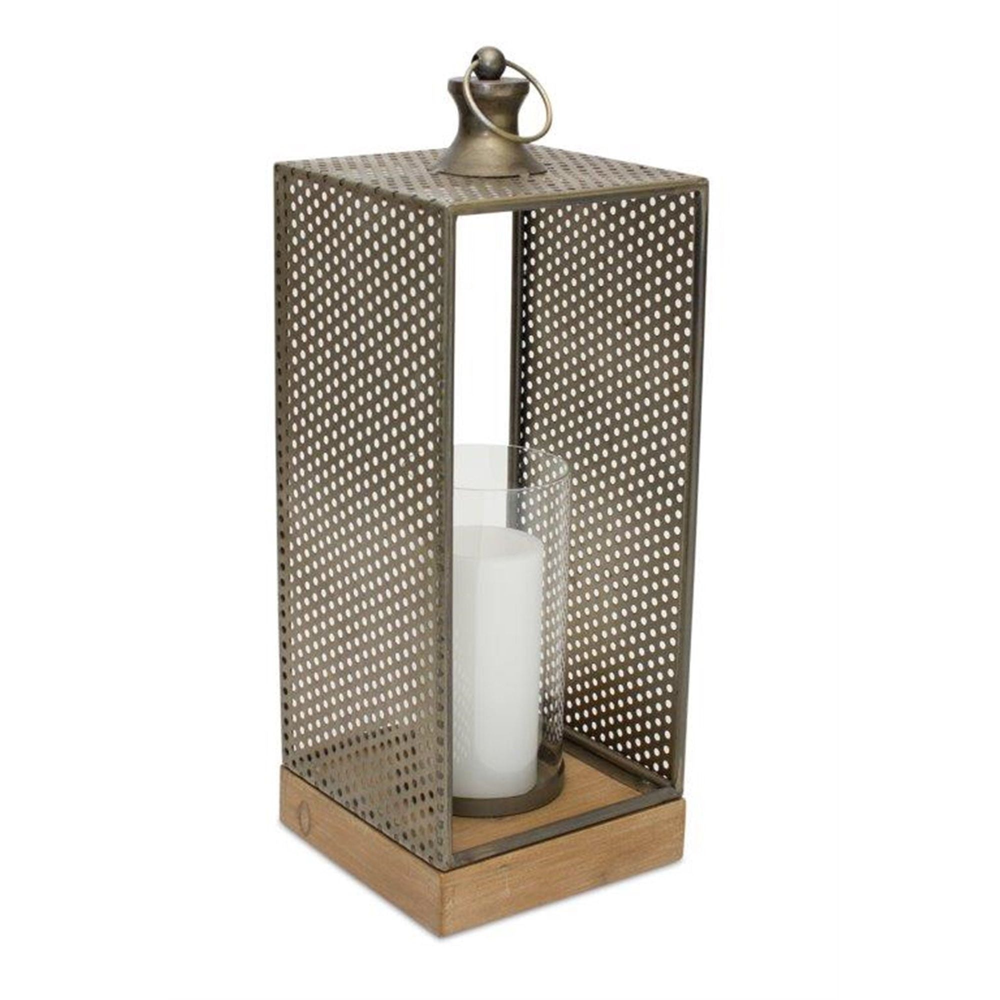 Punched Metal Candle Holder with Wooden Base - Hurricanes
