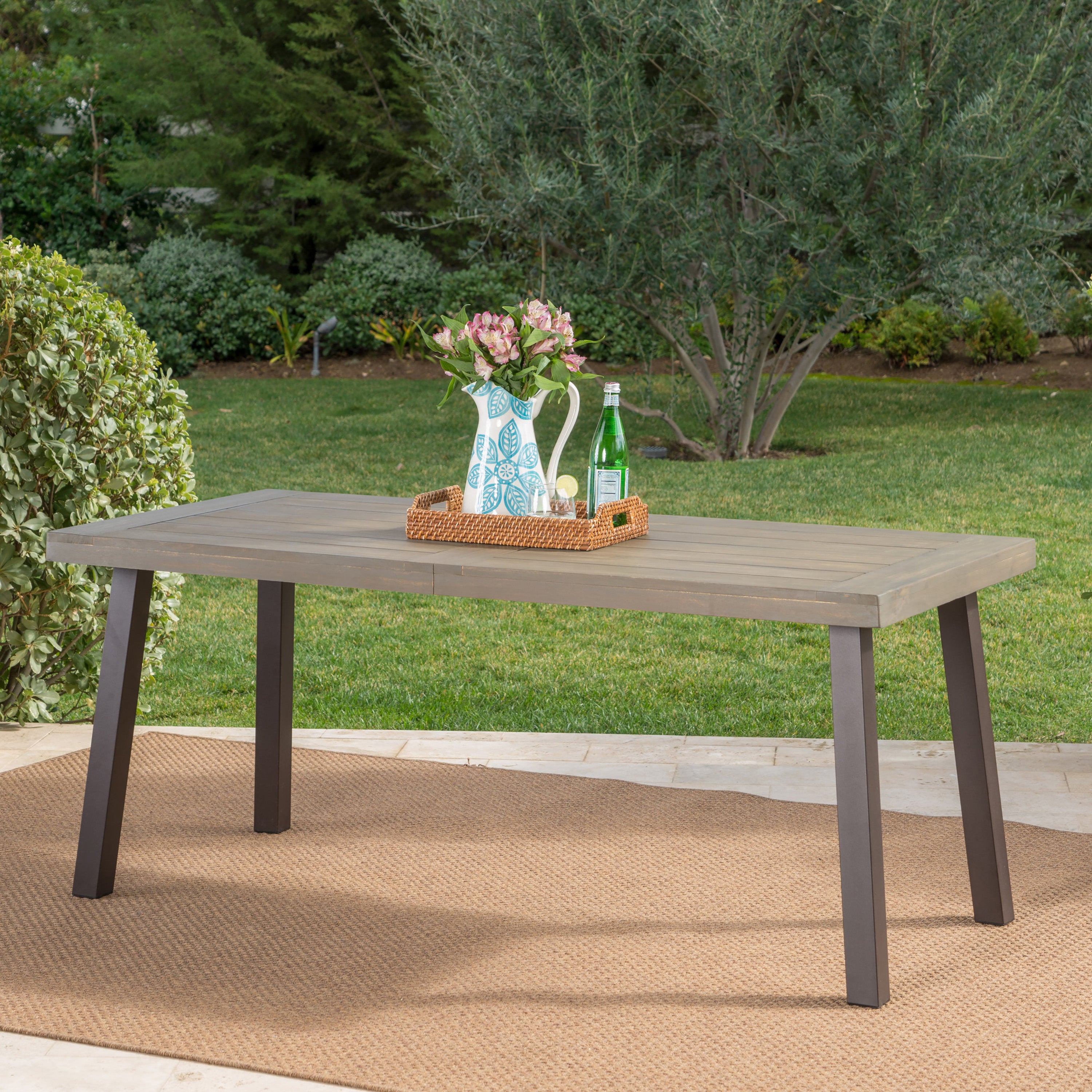 Della Outdoor Acacia Wood Dining Table with Metal Legs