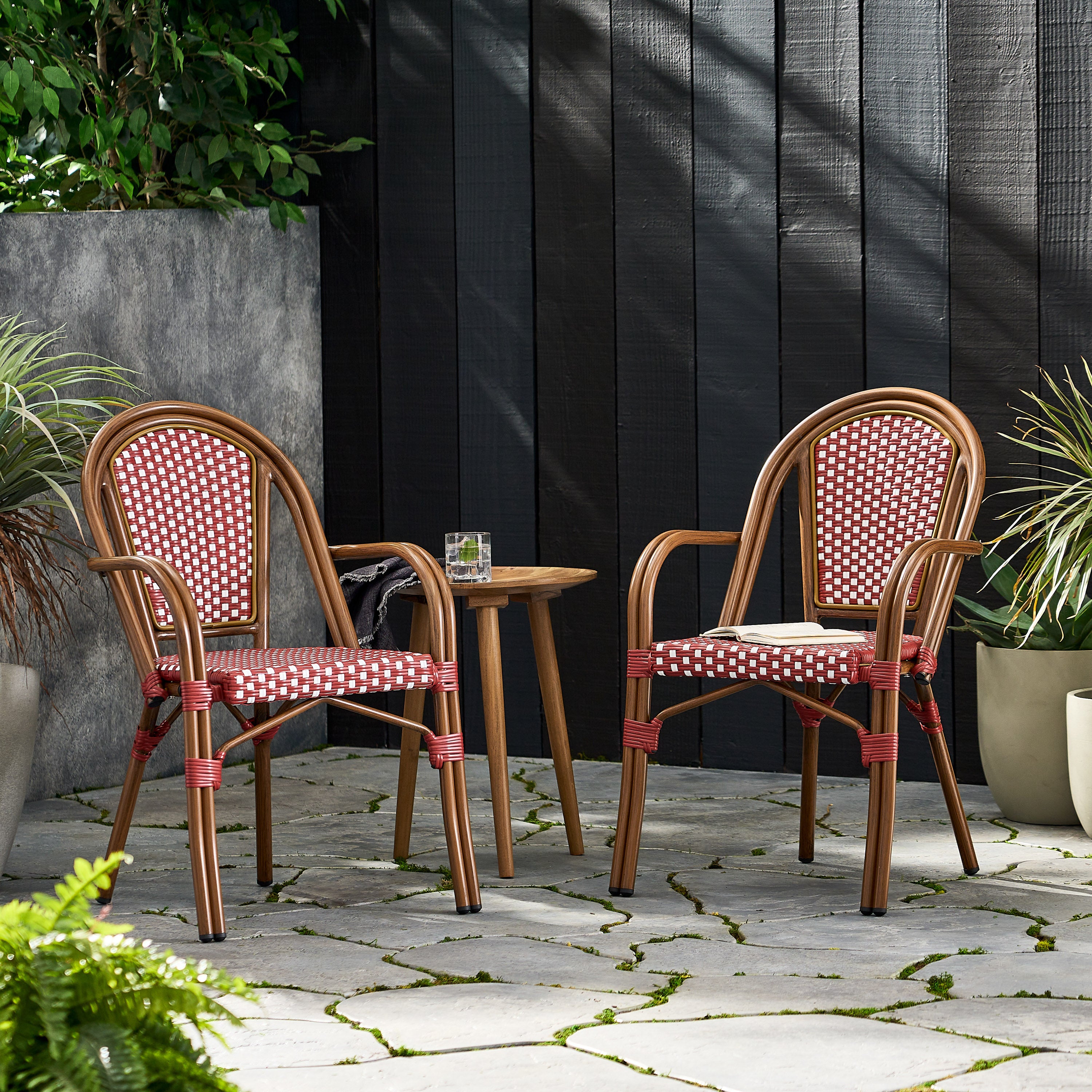 Crowned Wicker Bistro Chair with Checkered Pattern and Curved Arms, Set of 2