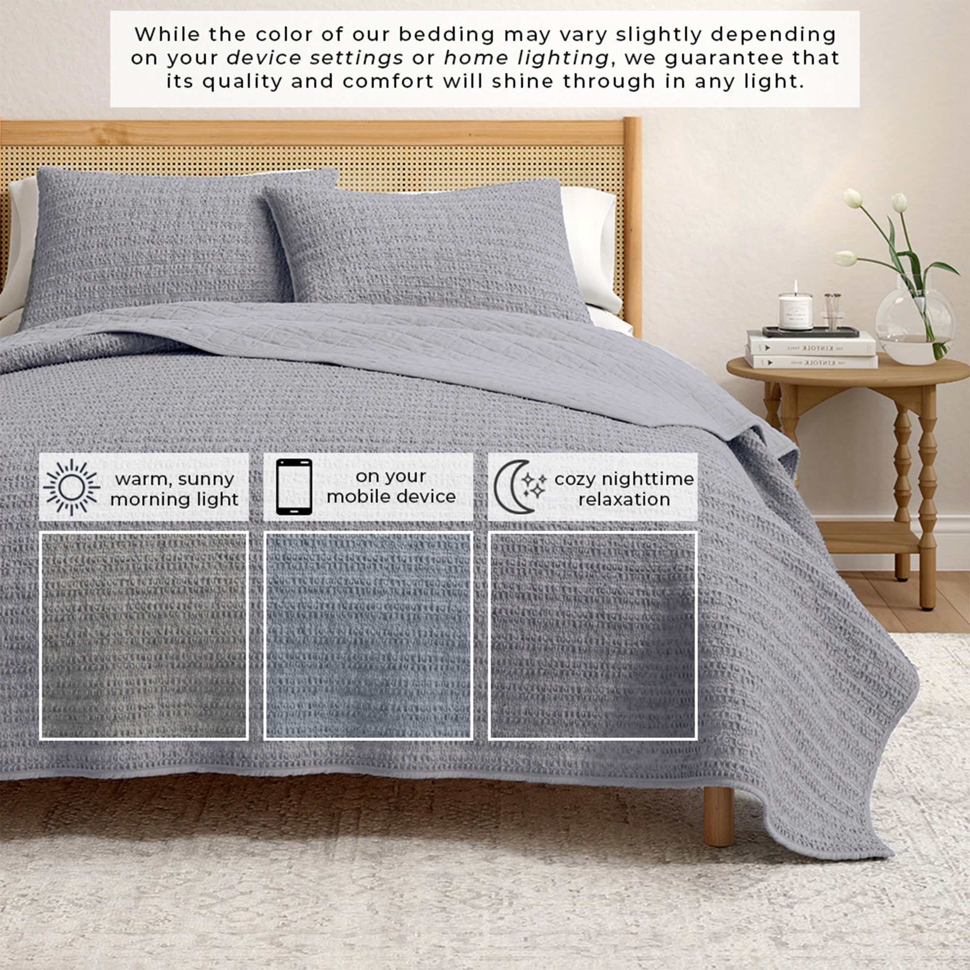 100% Cotton Garment Washed Honeycomb Waffle Quilt and Sham Set