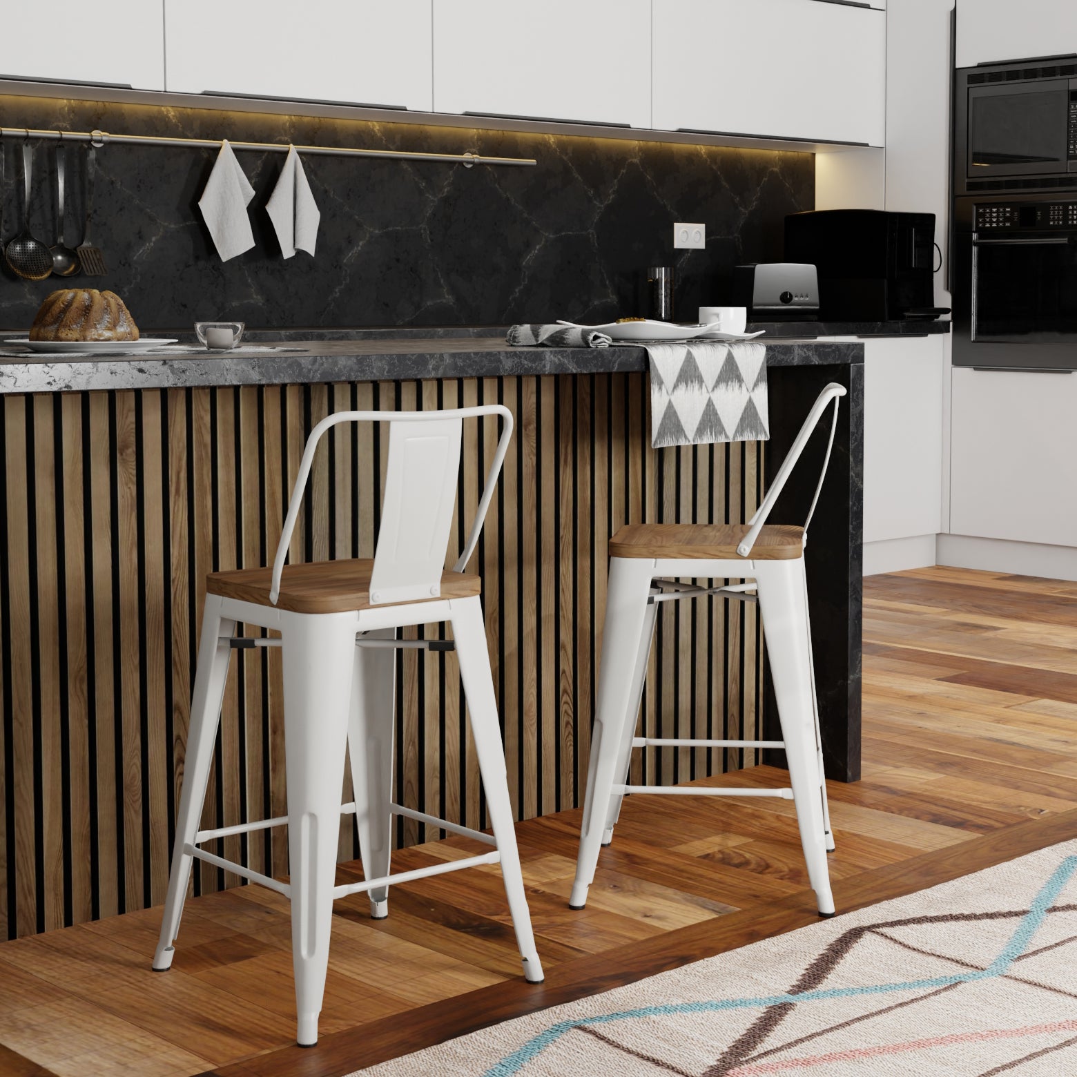 Boundless Metal/Wood Counter Stool with Curved Back, Cross Brace and Footrest, Set of 2