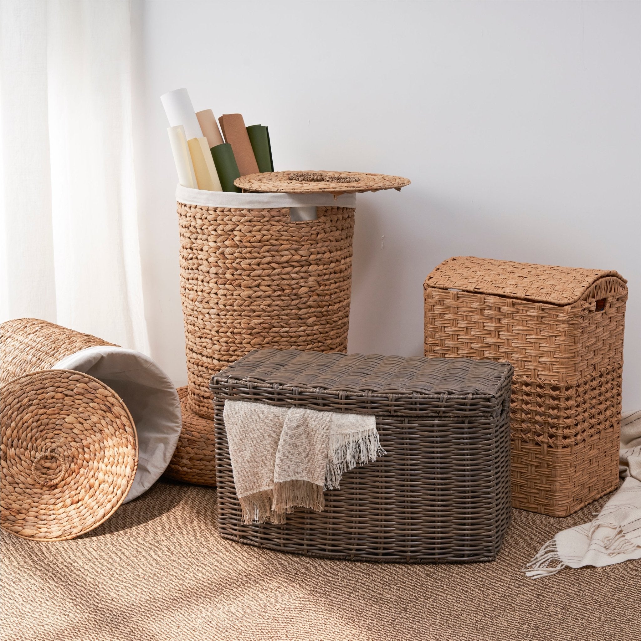 Rectangular Woven Wicker Storage Basket with Handles - Baskets