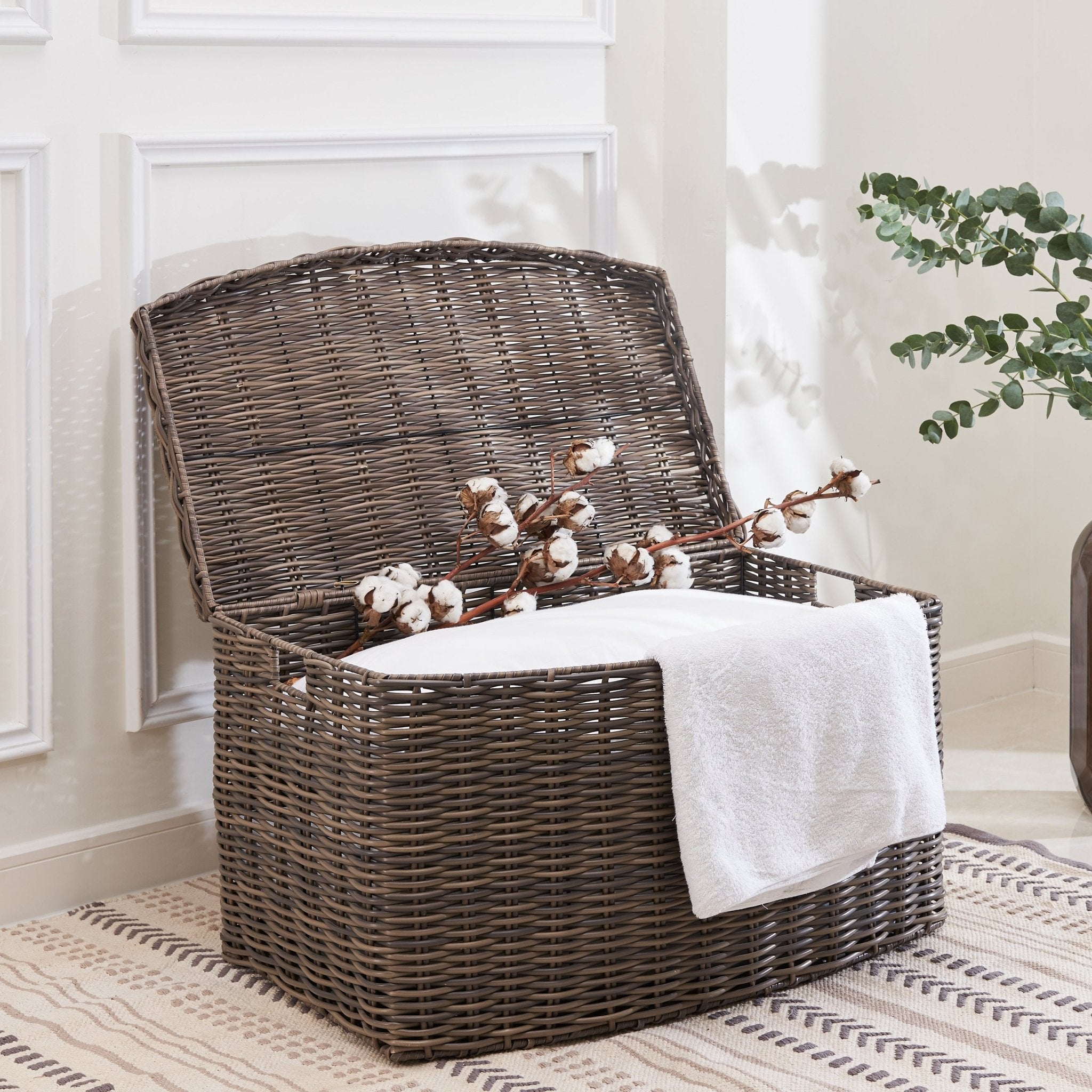 Rectangular Woven Wicker Storage Basket with Handles - Baskets