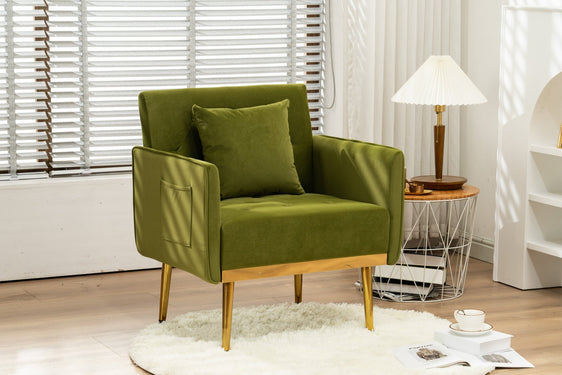 Reverie Velvet Upholstered Accent Chair with Pillow, Metal Legs and Side Pocket - Accent Chairs