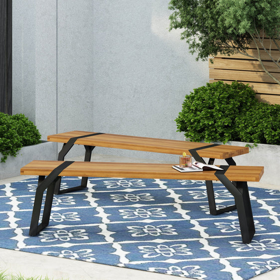 Revolve Outdoor Bench with Acacia Wood Top, Set of 2 - Outdoor