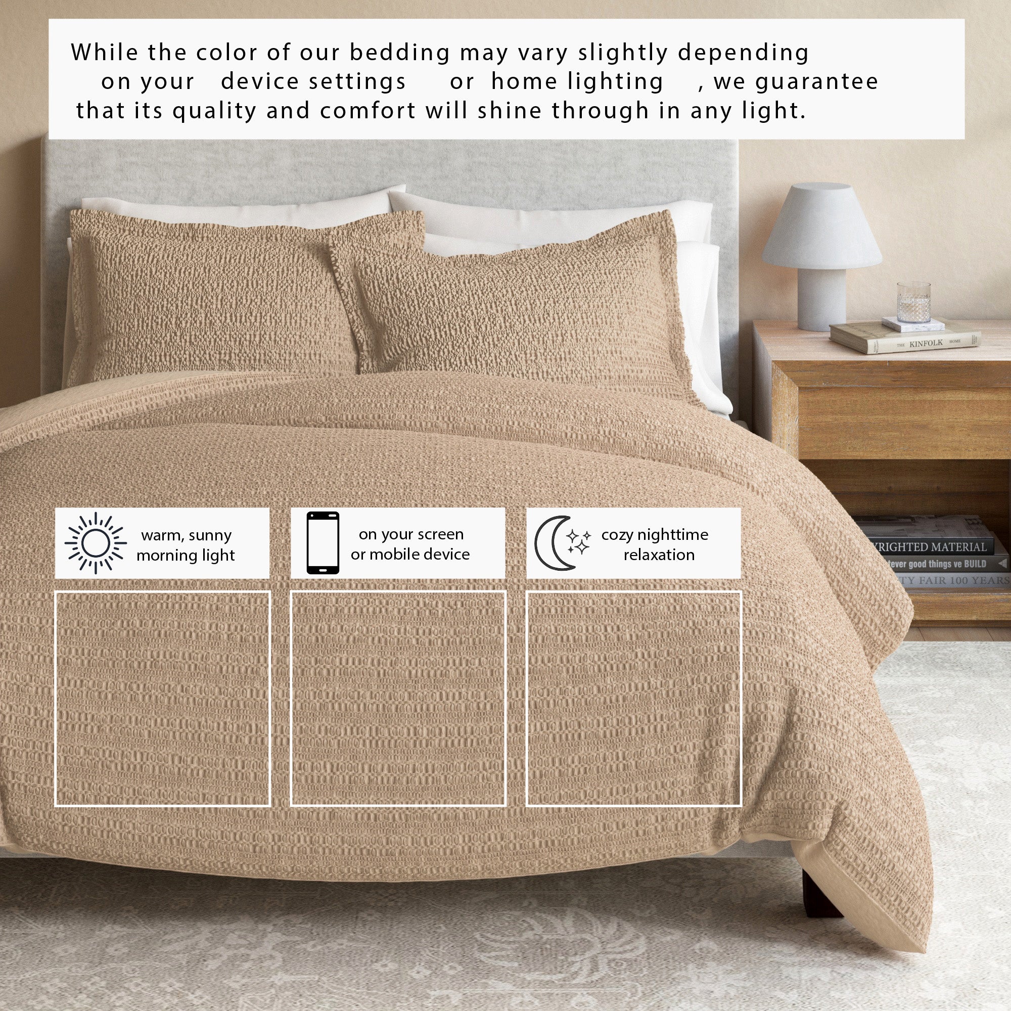 100% Cotton Honeycomb Waffle Textured Duvet Cover with Pillow Shams