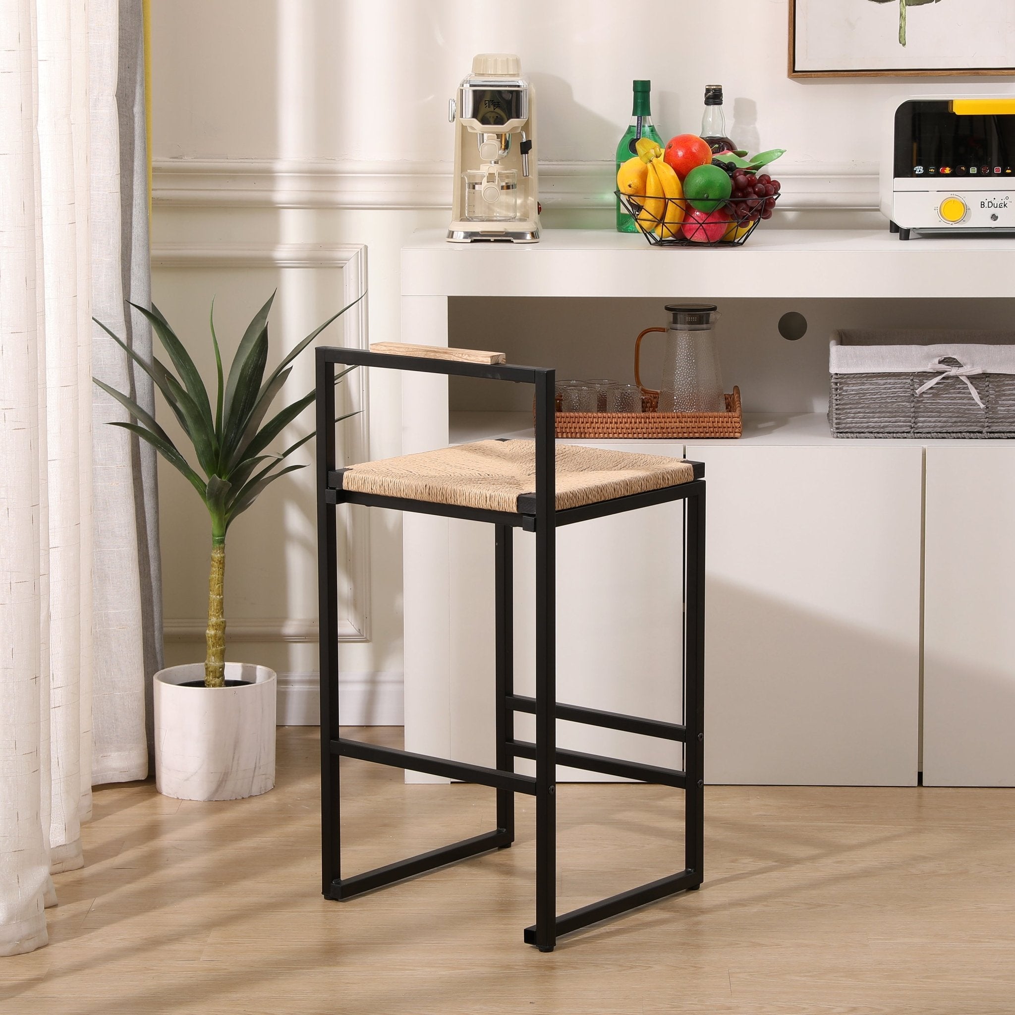 Rope Woven Bar Stool with Low Back and Metal Base, Set of 2 - Bar Stools
