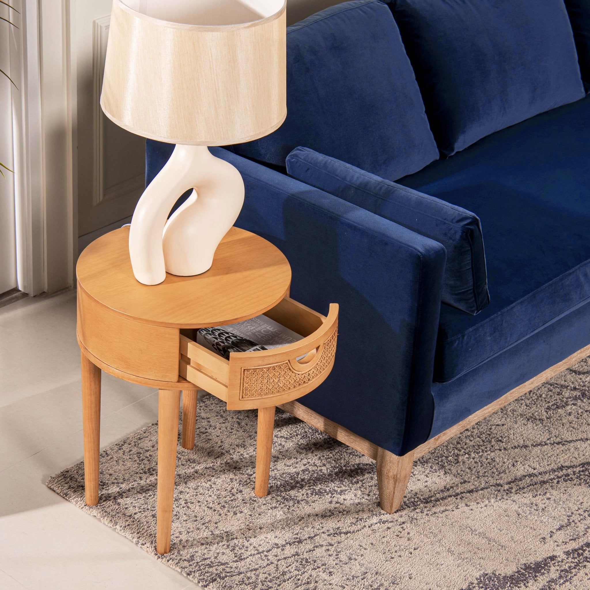 Round Cane Rattan Storage Side Table with Drawer - Side Tables
