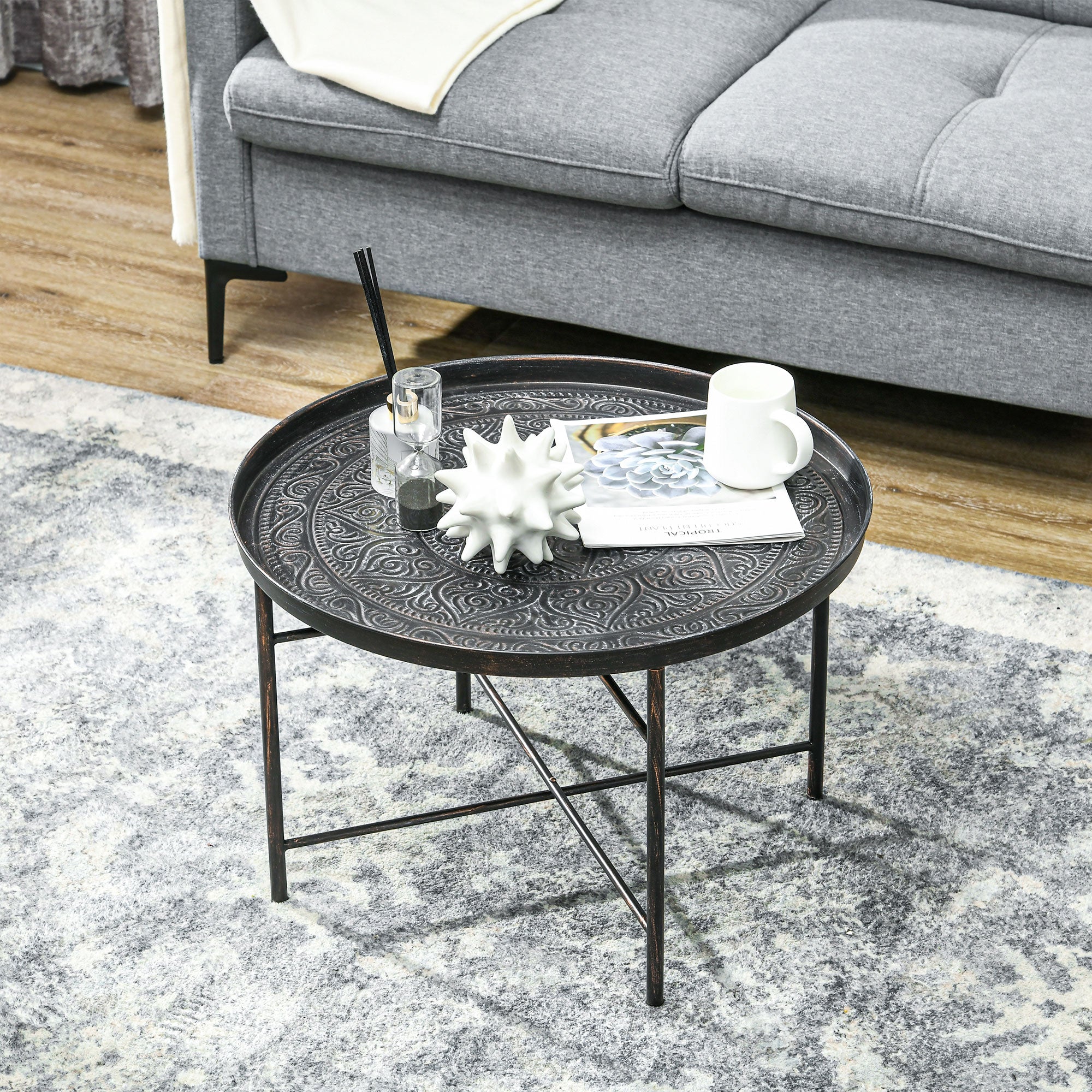 Round Coffee Table with Hammered Tray Top - Coffee Tables