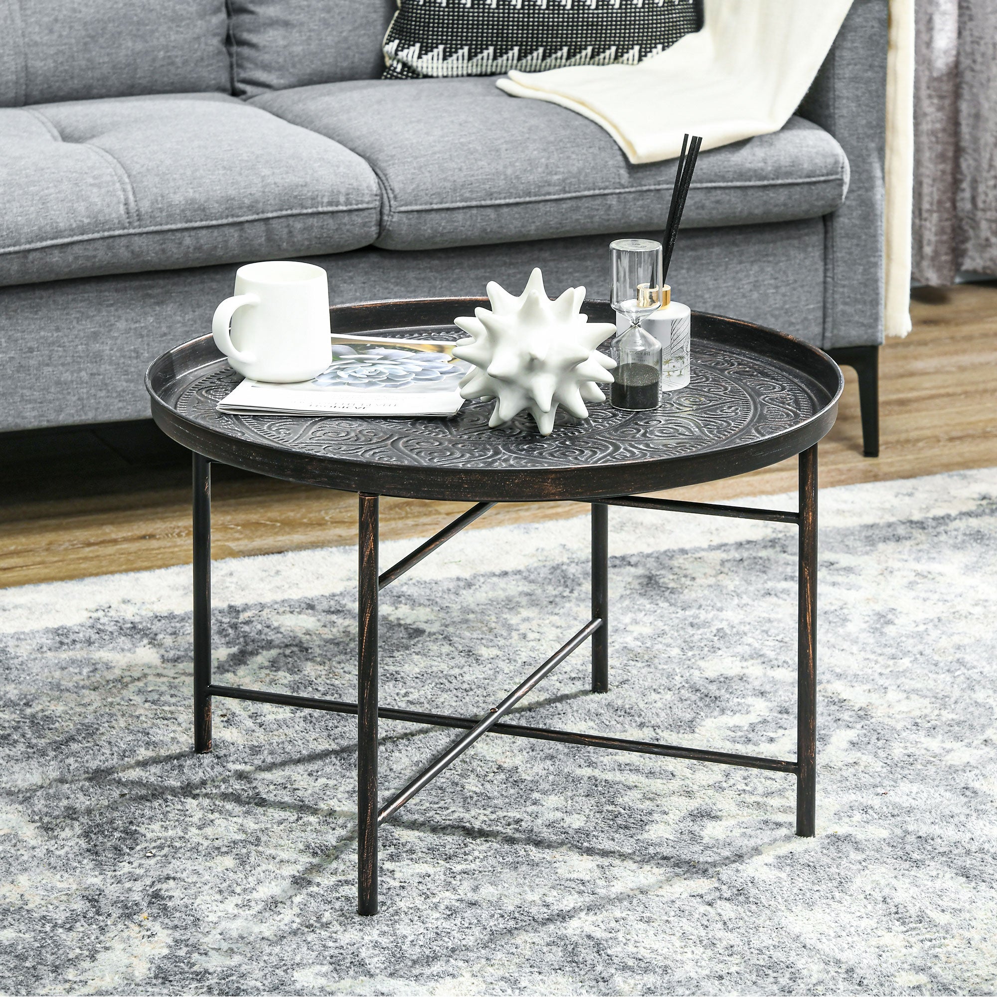 Round Coffee Table with Hammered Tray Top - Coffee Tables