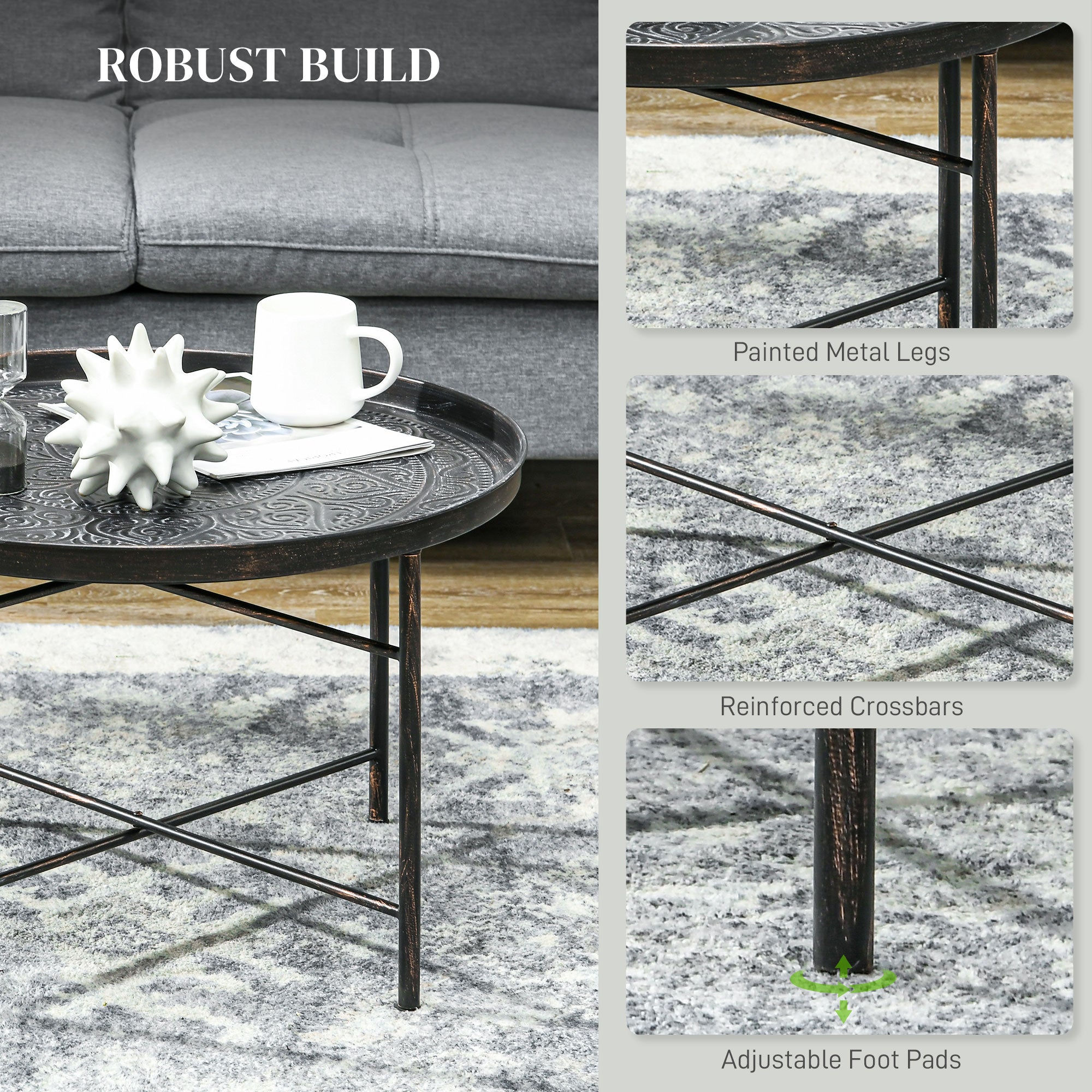 Round Coffee Table with Hammered Tray Top - Coffee Tables