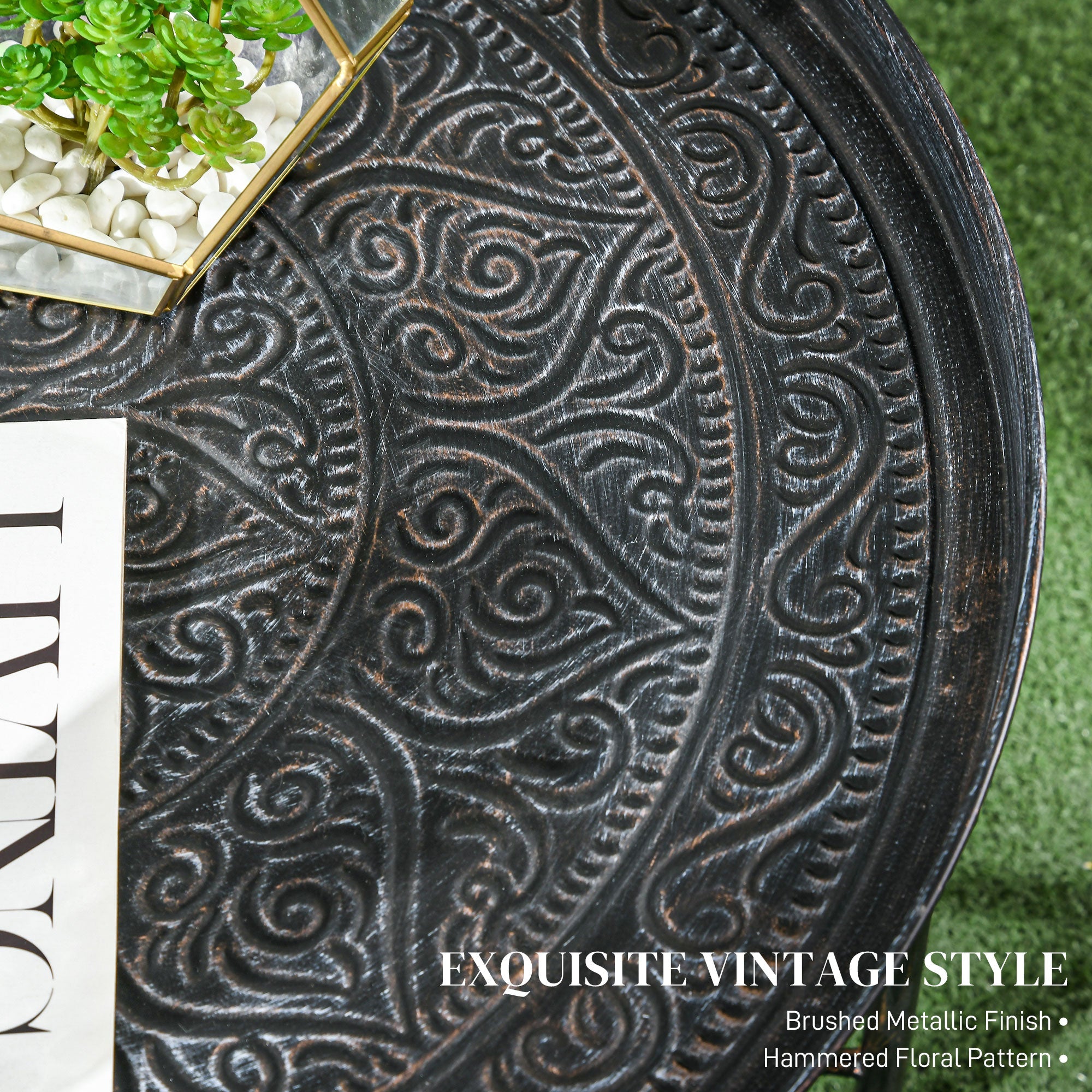 Round Coffee Table with Hammered Tray Top - Coffee Tables