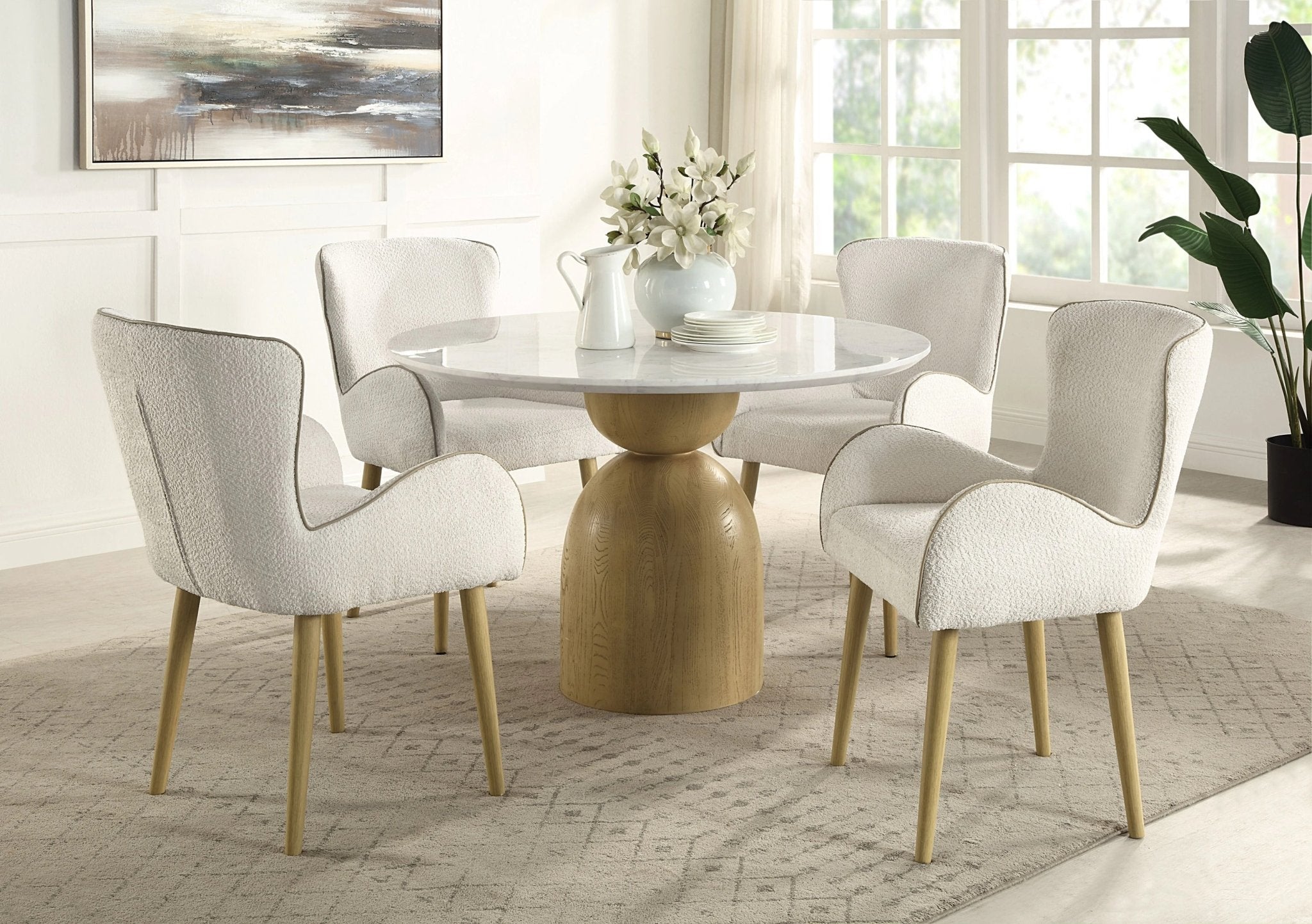 Round Dining Table with Marble Top and Wood Frame - Dining Tables