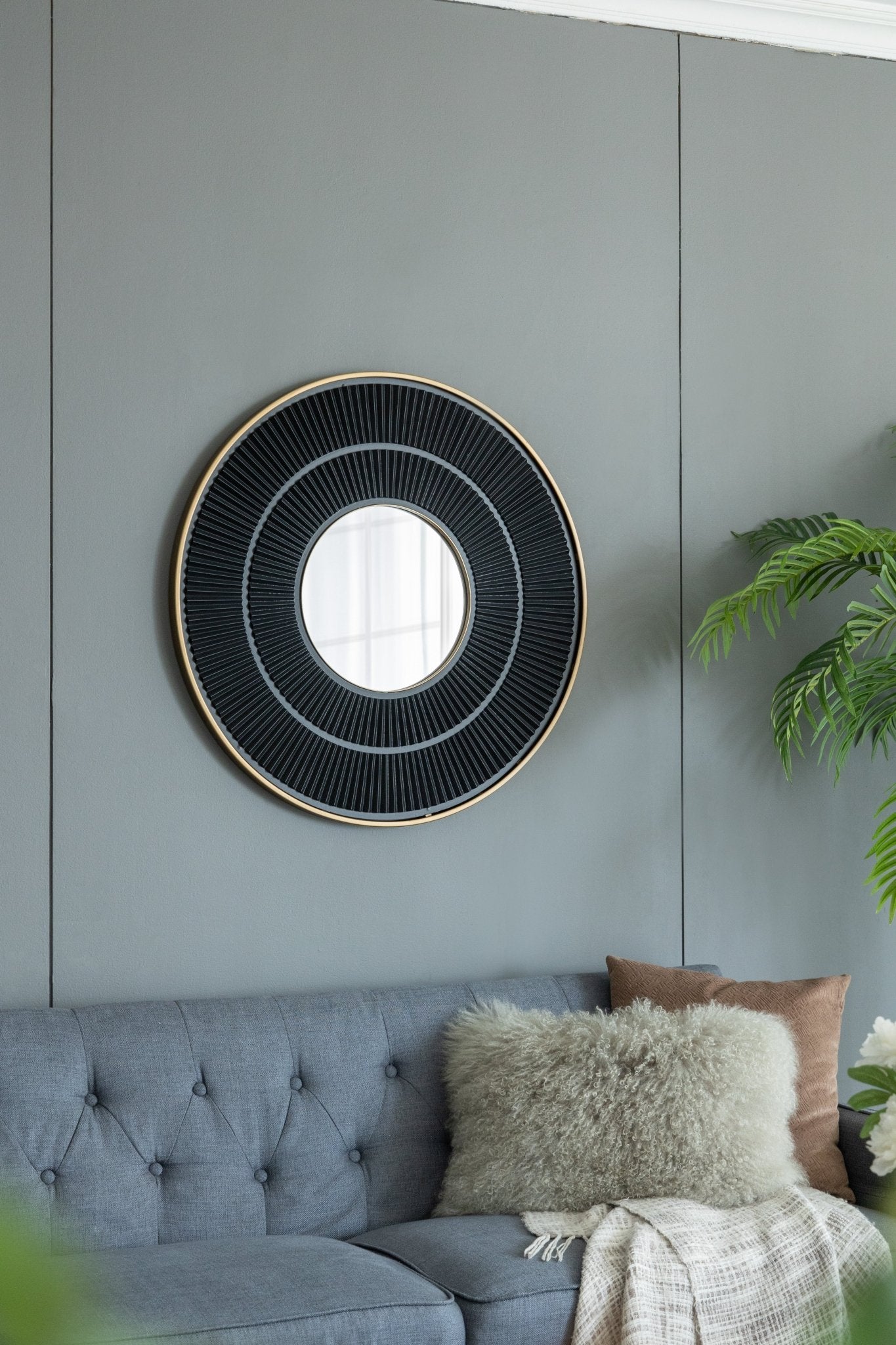 Round Wall Mirror with Carved Pleated Pattern - Mirrors
