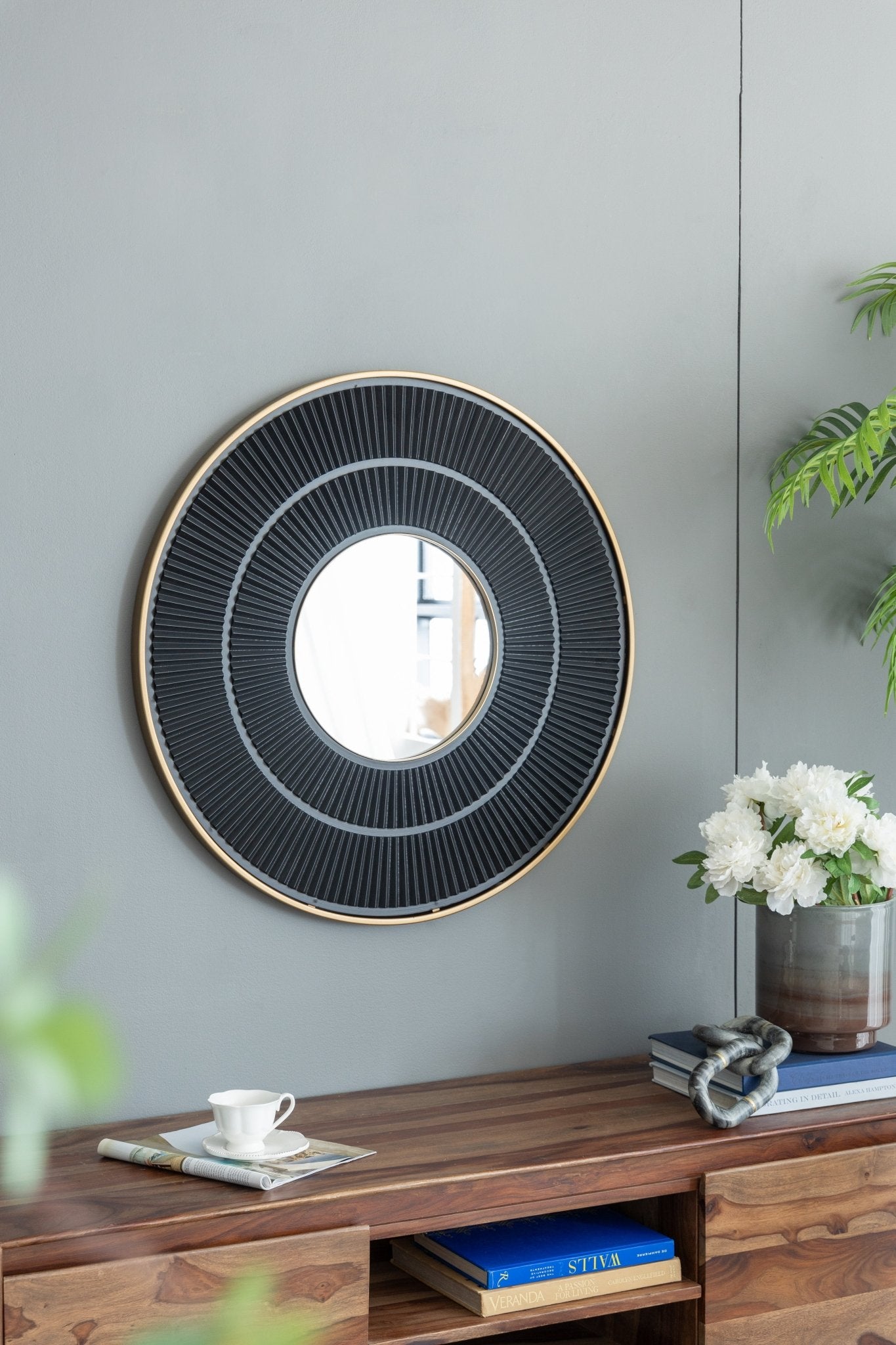 Round Wall Mirror with Carved Pleated Pattern - Mirrors