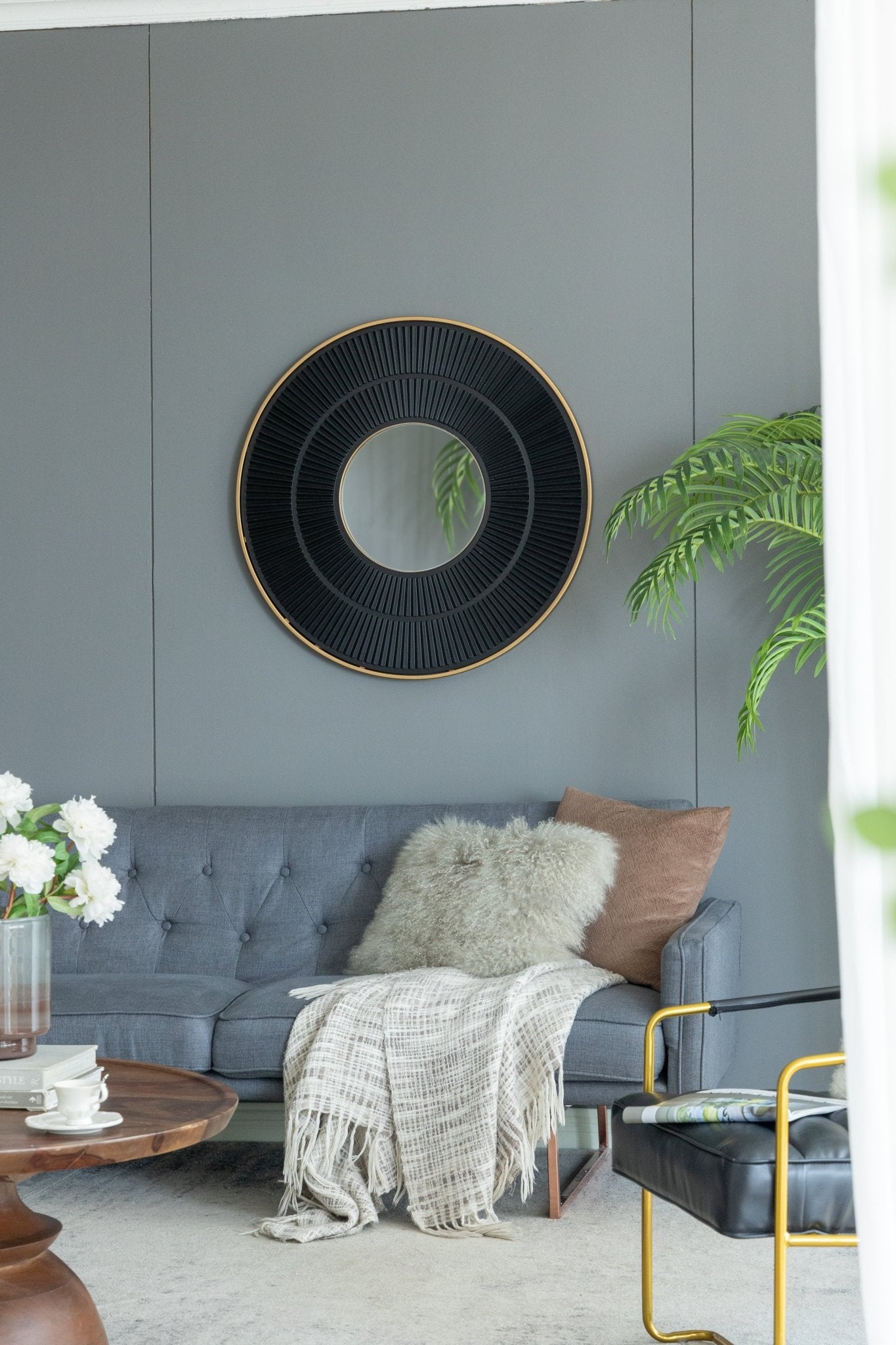 Round Wall Mirror with Carved Pleated Pattern - Mirrors