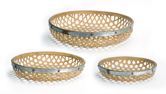 Round Woven Bamboo Tray with Galvanized Metal Accent, Set of 3 - Decorative Trays