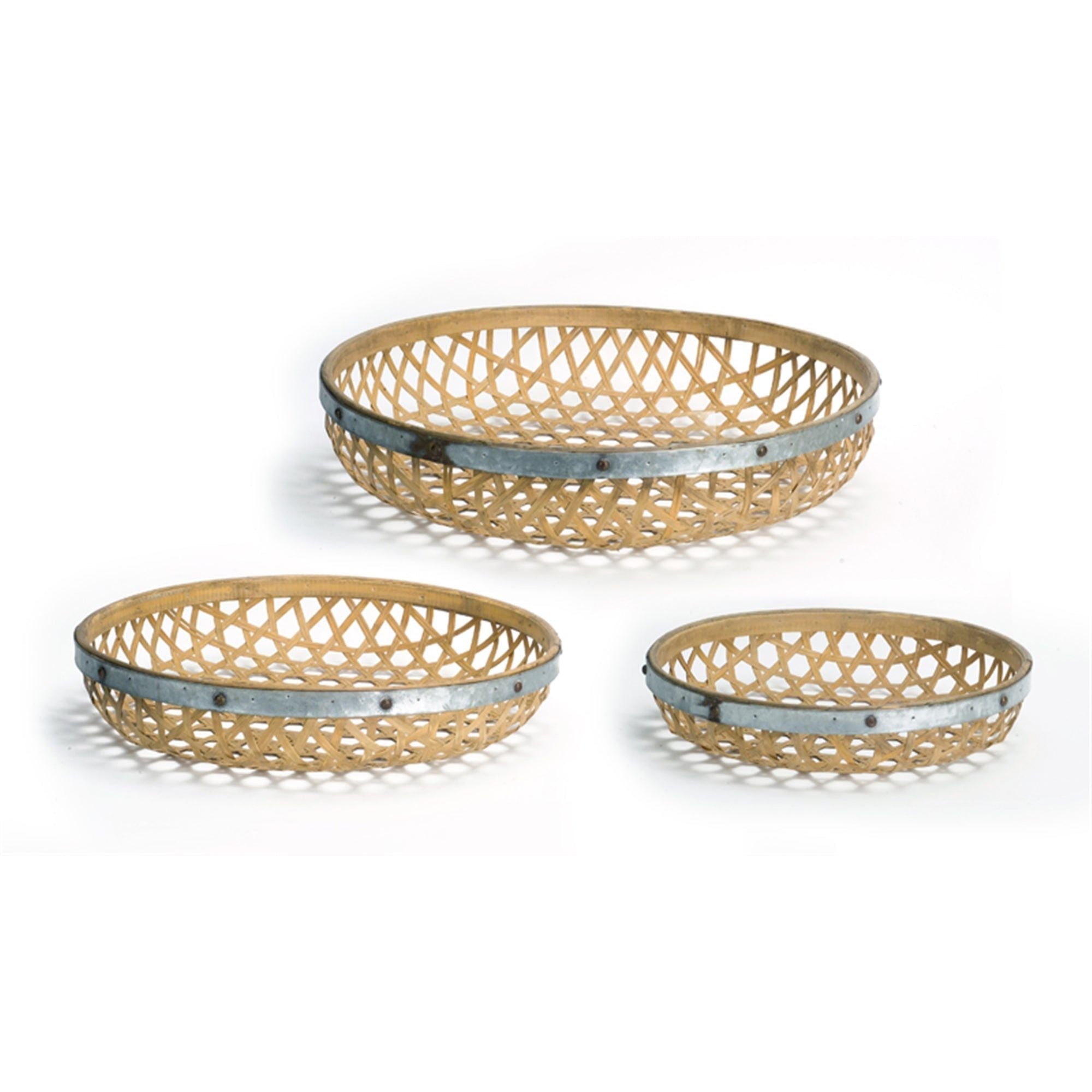 Round Woven Bamboo Tray with Galvanized Metal Accent, Set of 3 - Decorative Trays
