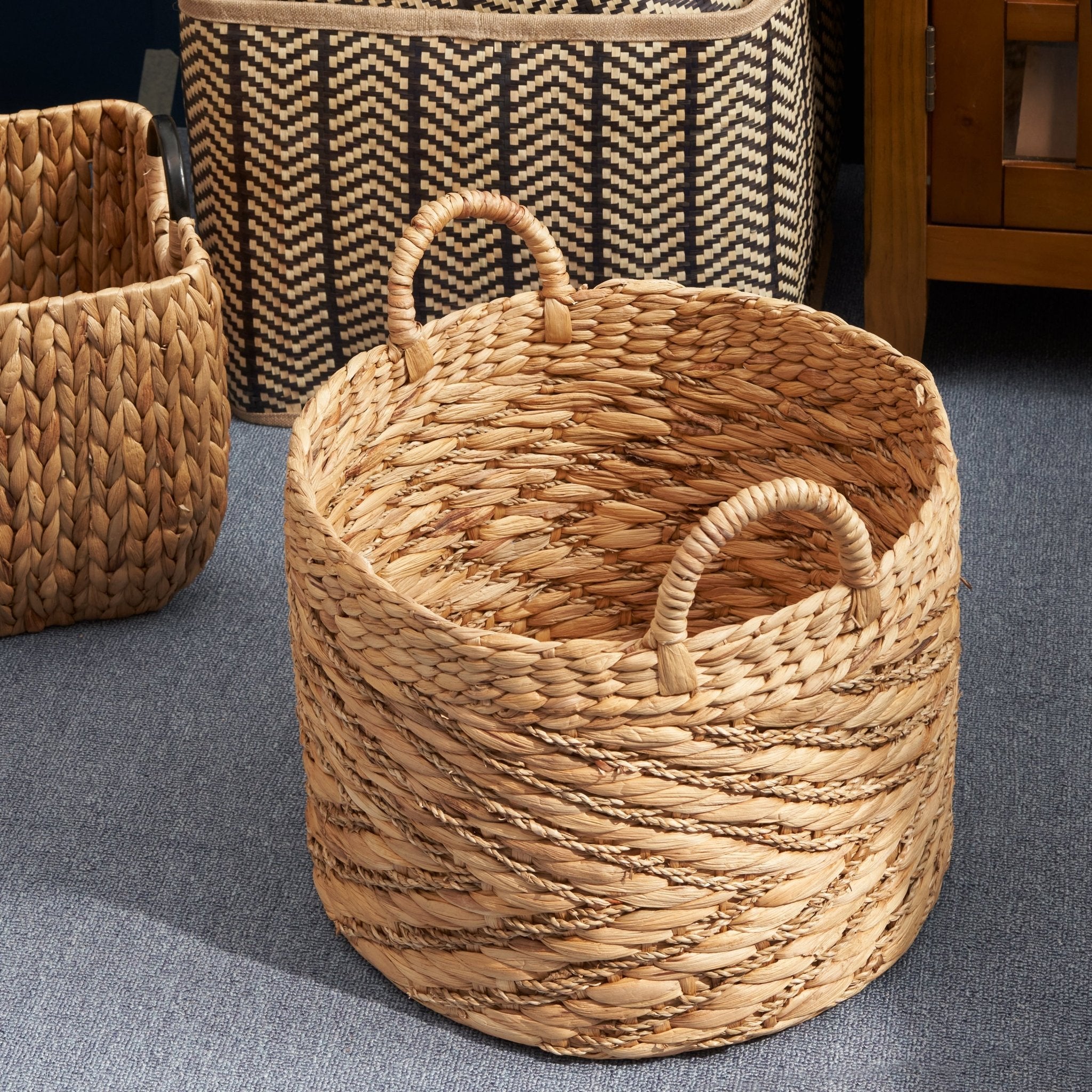 Round Woven Storage Basket with Handles - Baskets